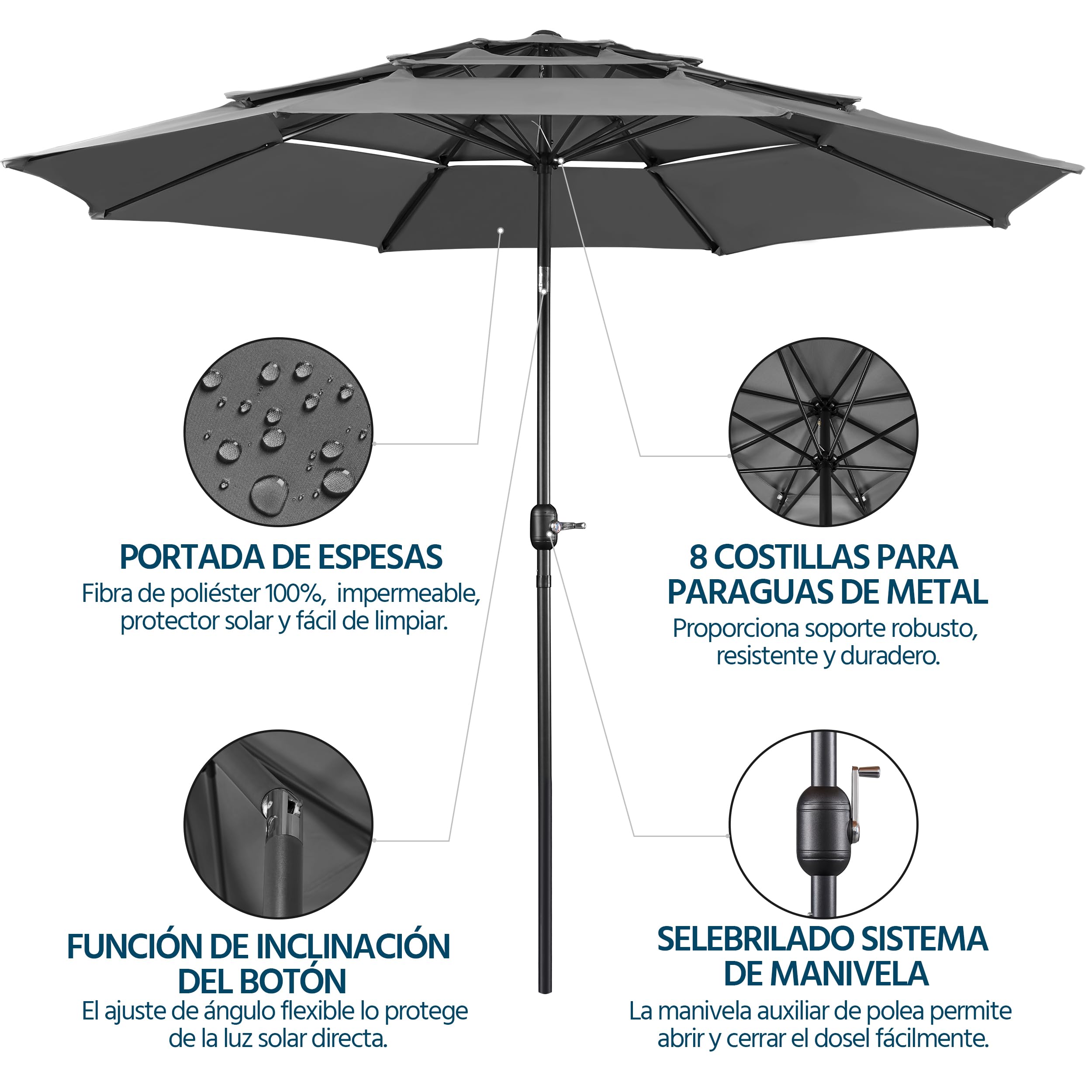Yaheetech Sombrilla de Jardín 3 Niveles 3.24M Ventilación 8 Varillas Gris | Protección UV,Toldo Inclinable,Tres Niveles de Ventilación,Estructura Metálica Robusta,para Terraza/Patio/Piscina/Restaurante
