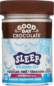 Good Day Chocolate Natural Valerian Root for Kids, Herbal Sleep Supplement, Organic Wildberry Flavor, Fair Trade and Non-GMO Chocolate, L-Theanine, 50 Pieces