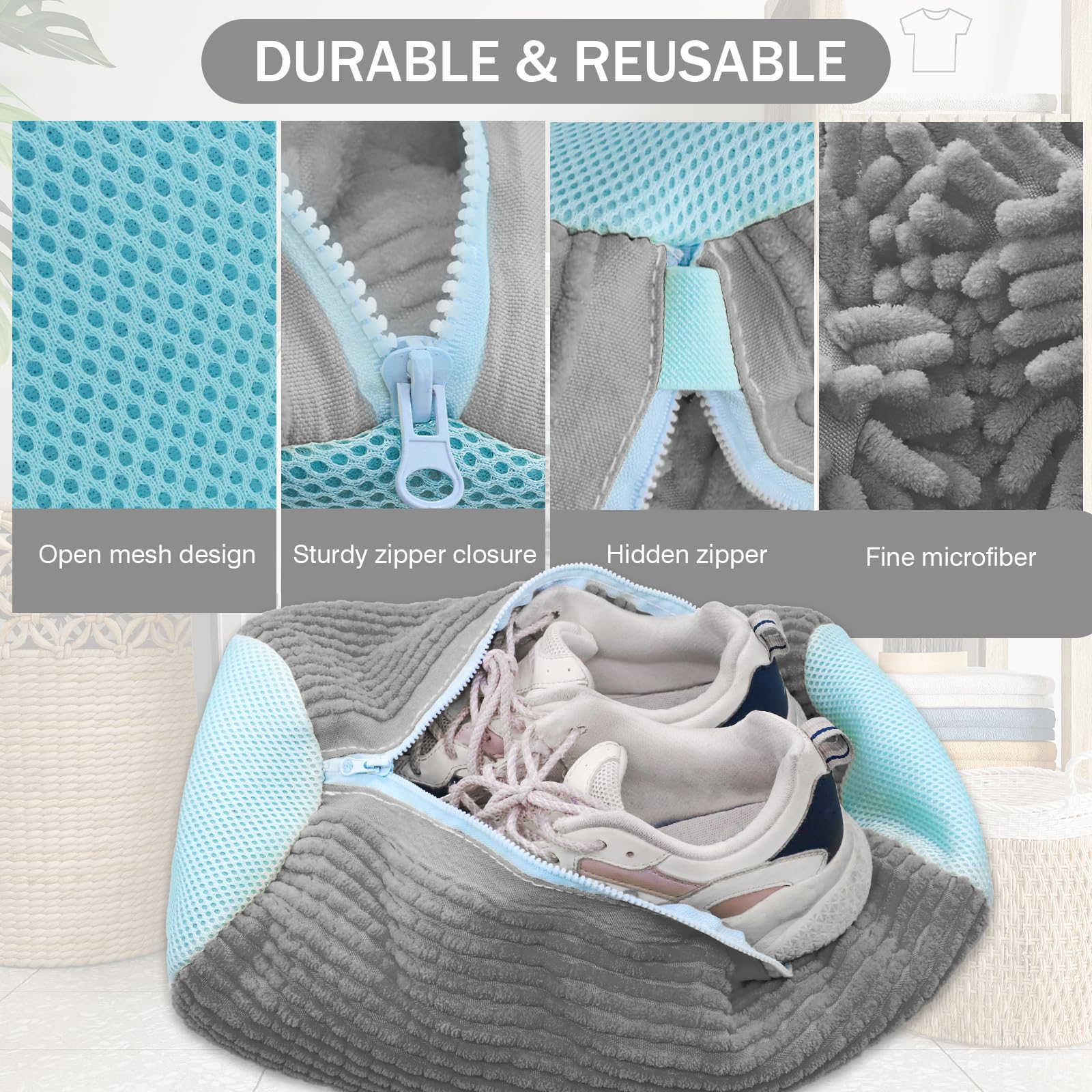 Sacchetto Scarpe Lavatrice, 2 Pezzi Con Pulizia Lanugine a 360°, Sacchetti per Lavare Scarpe Con Cerniera Multi-Protettivo (Blu