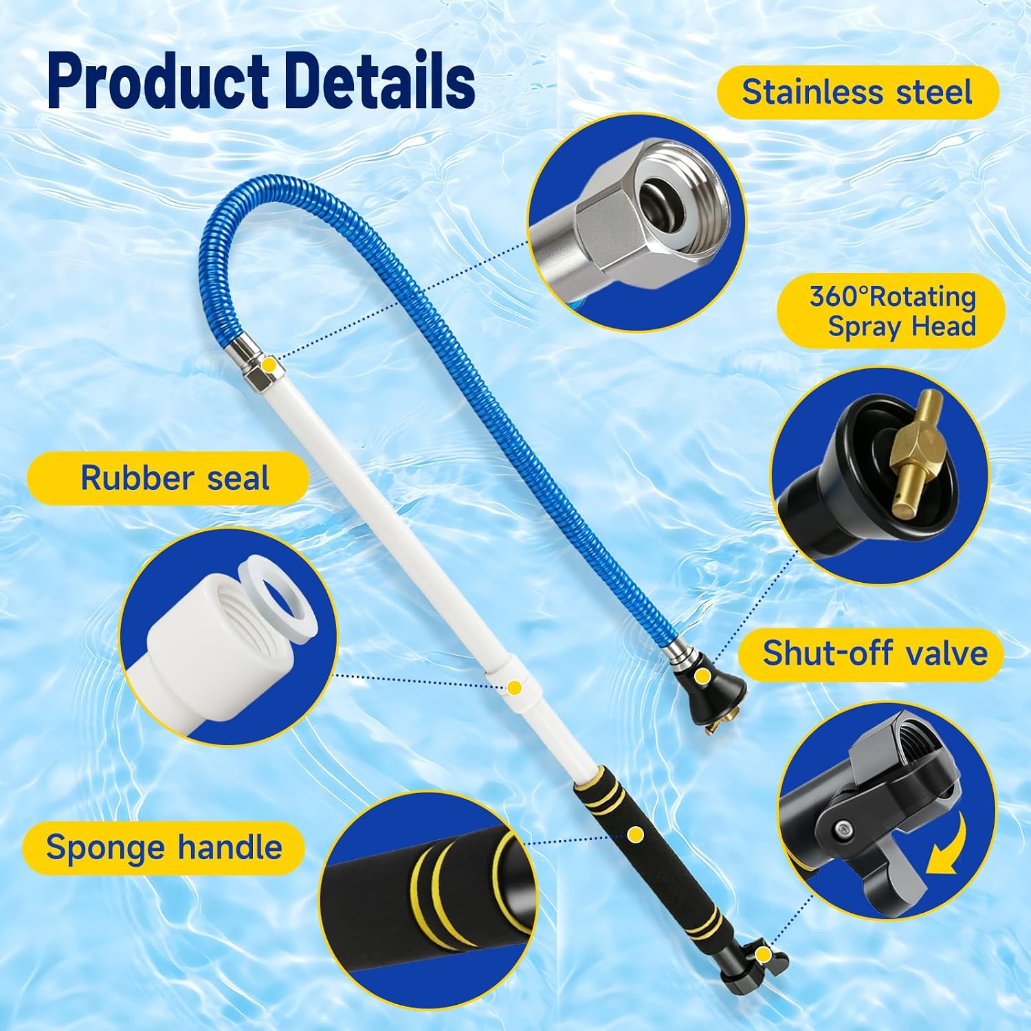 RV Black Tank Cleaner Wand, 62" RV Water Heater Flush Wand Equipped with Swivel Nozzle 1/4 Turn Shutoff Valve & Sponge Handle for RV Toilets & RV Water Heaters image 3