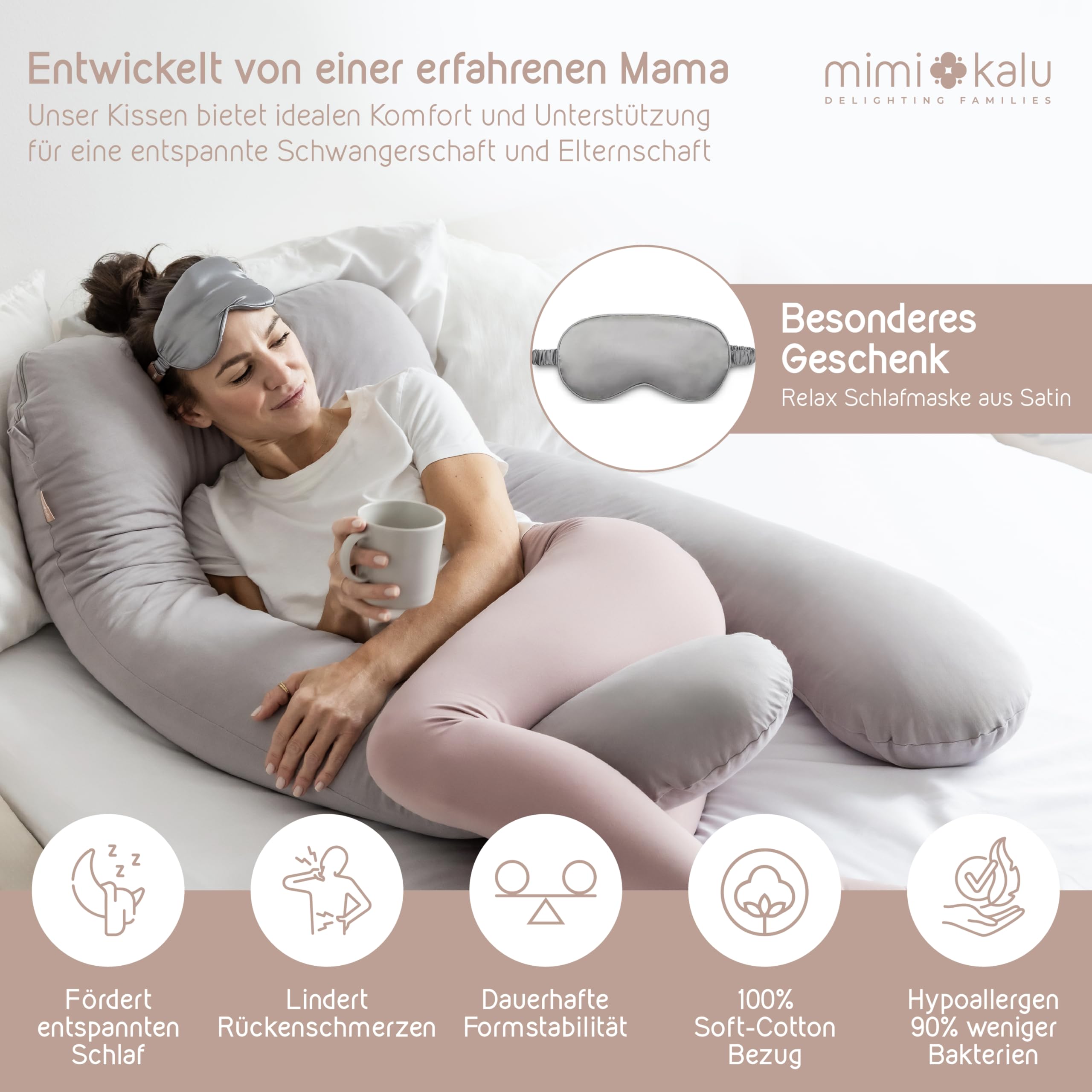 mimi kalu® Seitenschläferkissen mit Memory Foam Füllung Individuell Anpassbar, Inkl. 100% Soft Cotton Bezug & Schlafmaske, Schwangerschaftskissen, Stillkissen, Kuschelkissen für Seitenschläfer