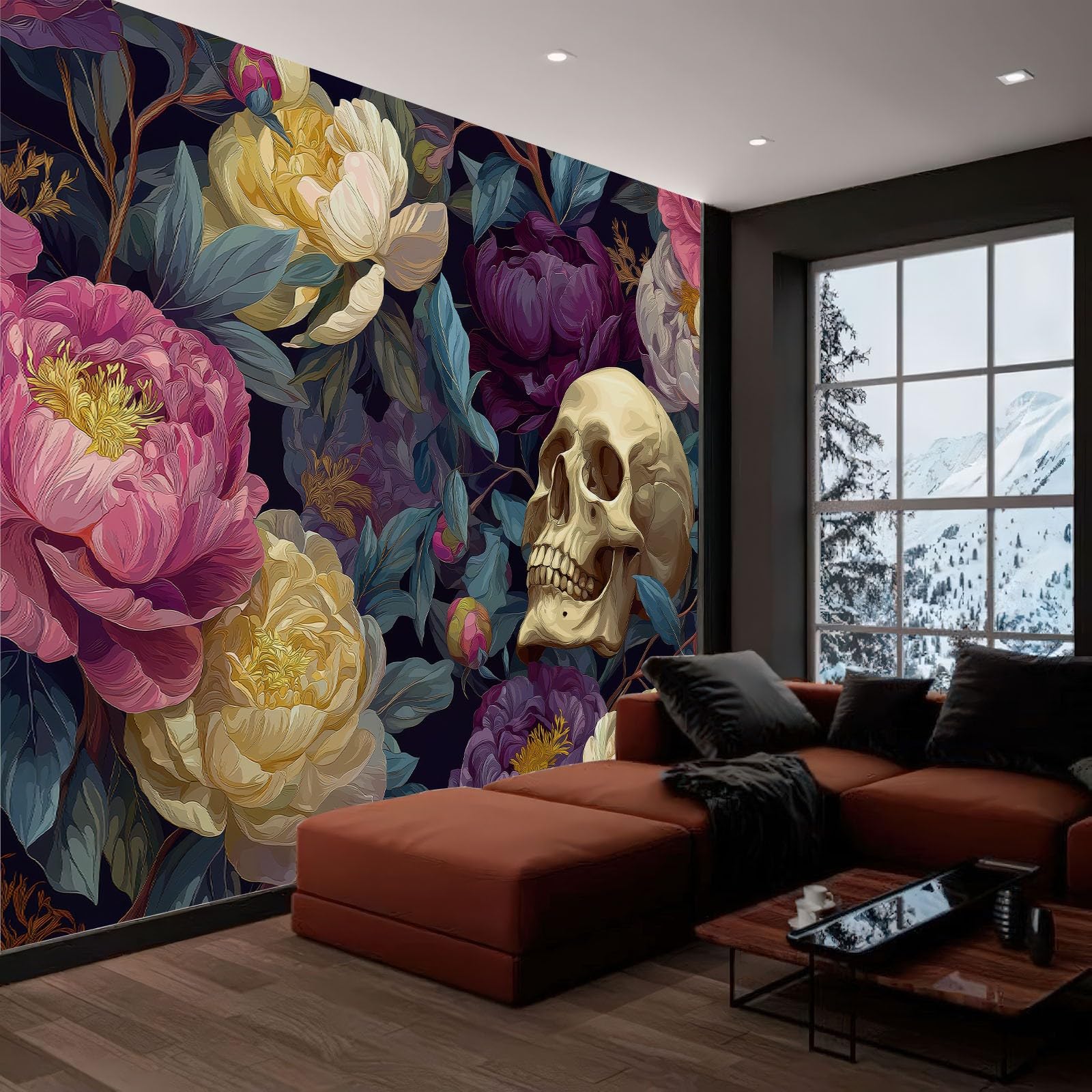 Tapete Fototapete 3d Effekt Dunkel Totenkopf Pfingstrose, 400 x 280 cm (B x H) Wandbild Wanddeko für Wohnzimmer Schlafzimmer, Mehrfarbig Vlies Tapeten mit Geruchsfreiheit Wandposter Wandkunst