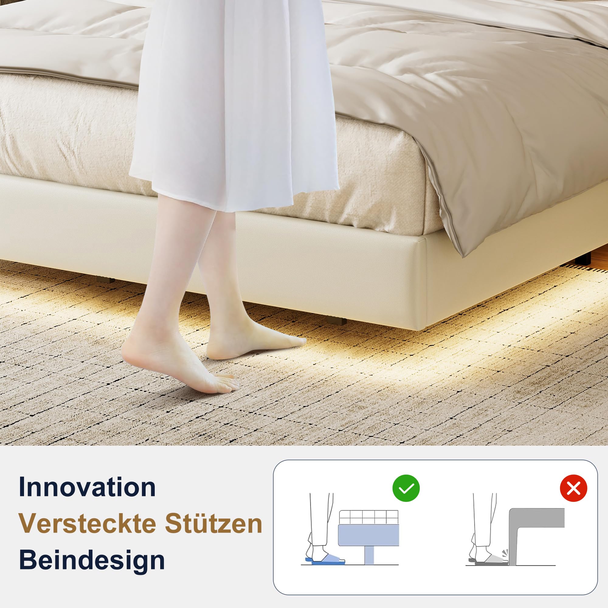 BRILVERDE Polsterbett 160x200 mit LED, Platformbett mit USB, Funktionsbett mit Kopfteil, Schwebebett mit Lattenrost, PU (Weiß Flache Eiche, 160 x 200 cm)