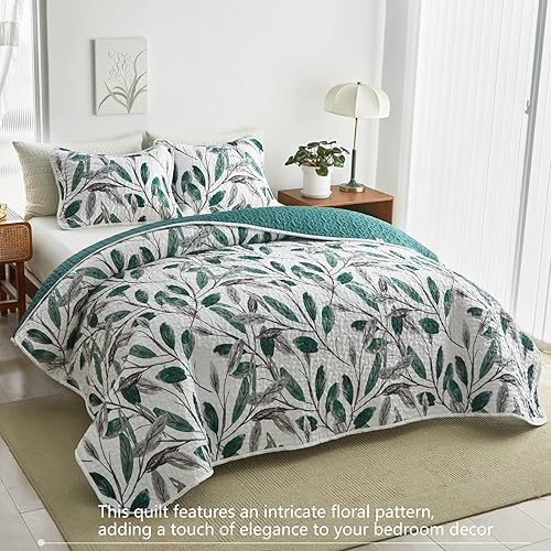 Miniatura 3 de AIKASY Juego de edredón tamaño Queen, juego de edredón gris ligero de microfibra suave con hojas doradas para todas las estaciones, 3 piezas incluye