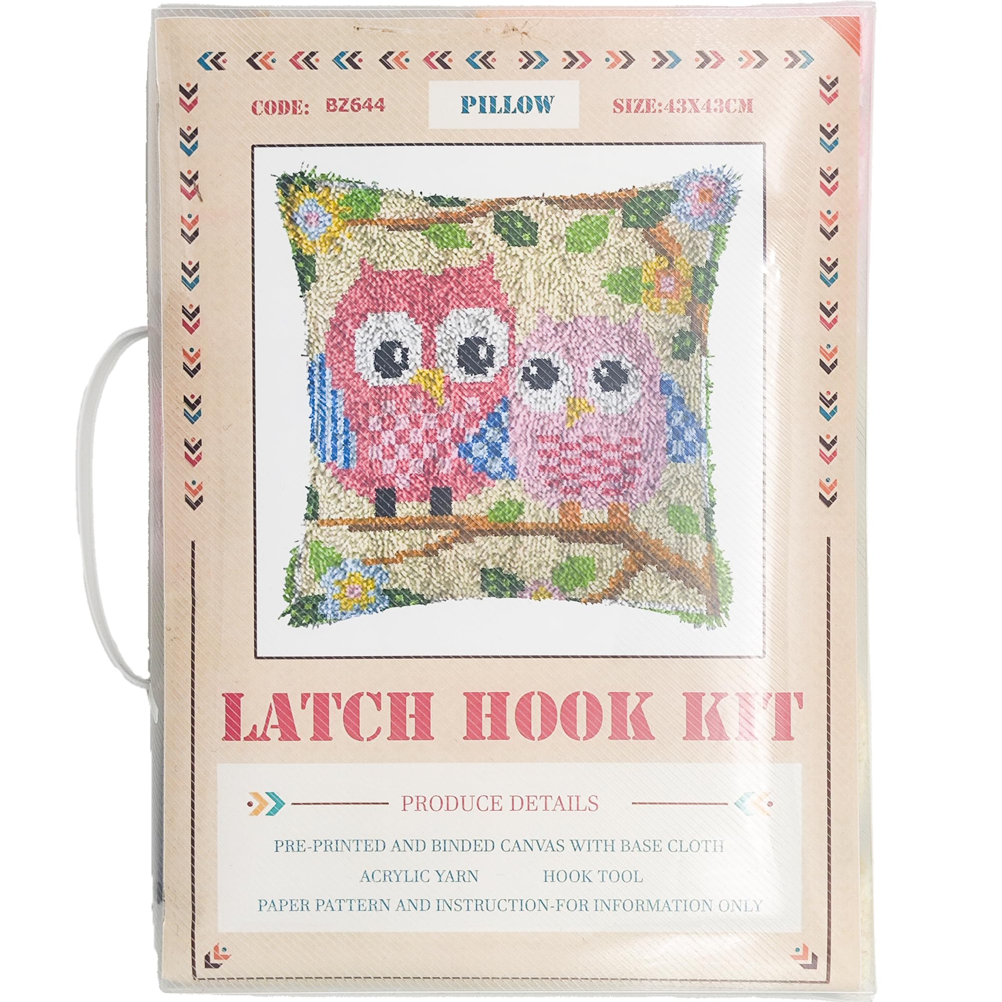 Howie's Needlepoint Latch Hook Kit, DIY Owl Pillow Cover Crochet Yarn Kits for Adult, Color Preprinted Pattern Embroidery Sofa Cushion Cover (Pink Owl, 16.93 x 16.93 inch)