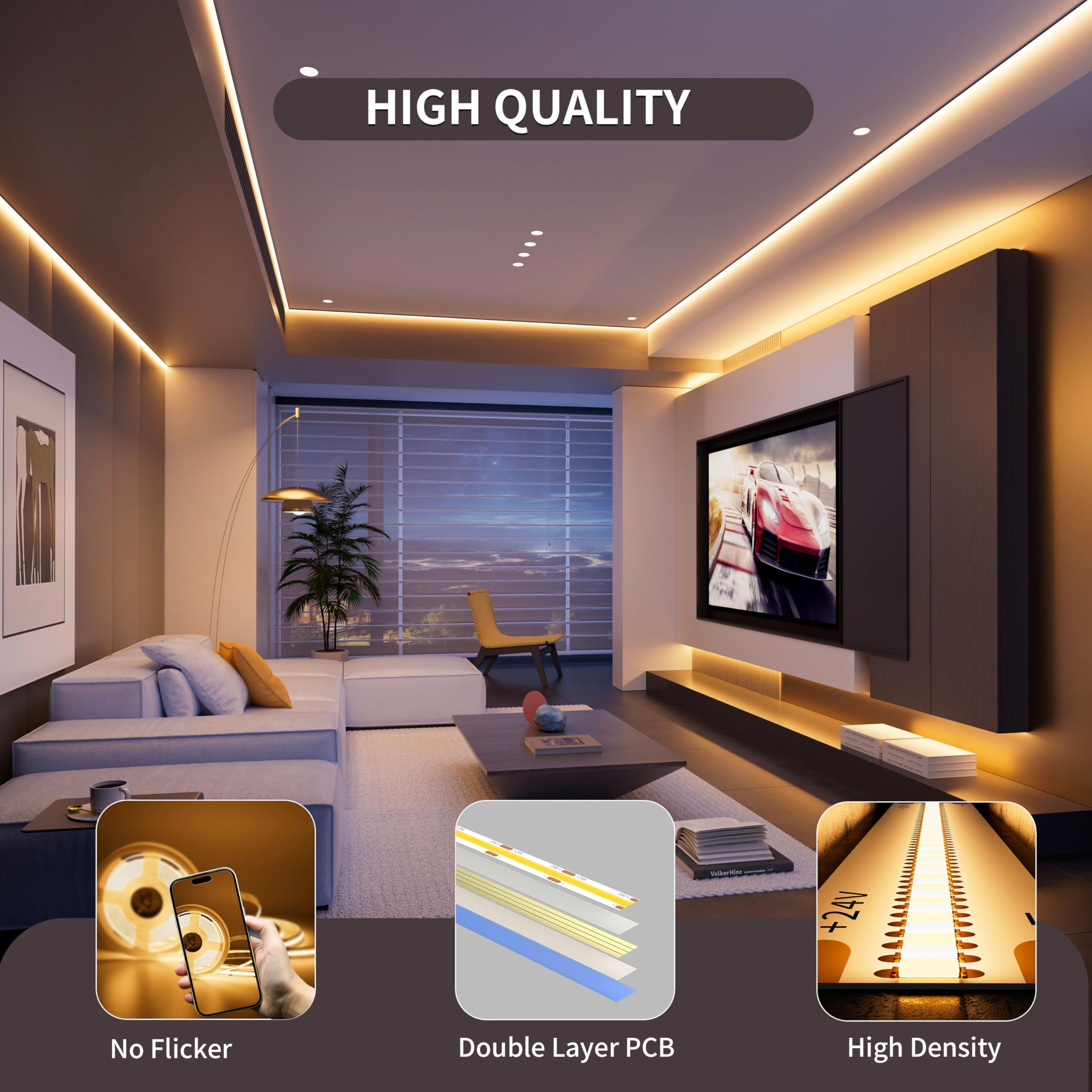 Pautix COB LED Strip Warm Wit 2700K Enkel 5M,DC24V 480leds/M CRI90 LED Strip licht voor thuis,DIY verlichtingsproject met 8mm COB connectoren (voeding niet inbegrepen