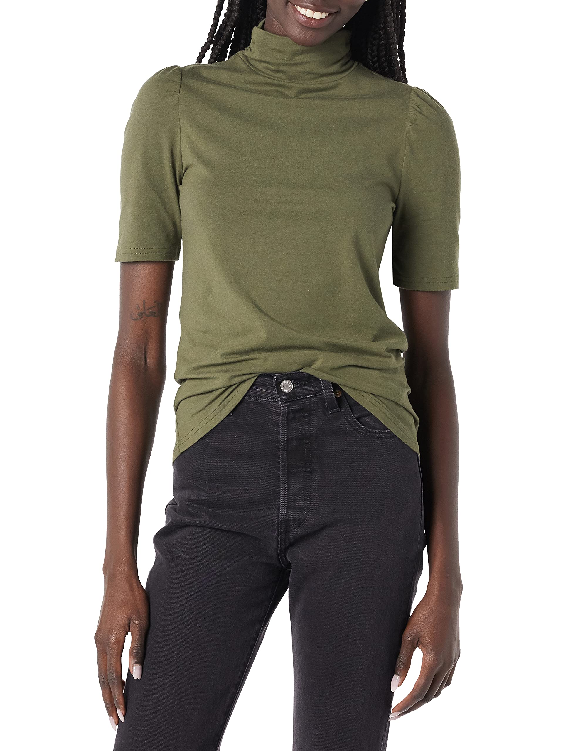 Amazon Essentials Womens Cotton Modal Draped Puff Sleeve Turtleneck