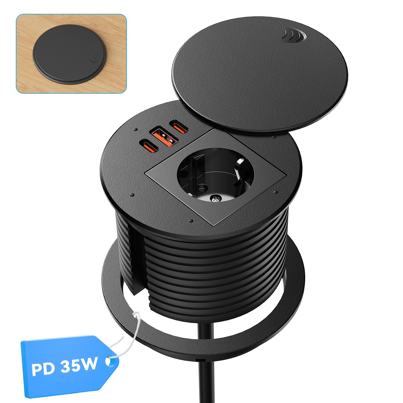 Gniazdo wpuszczane z USB C PD 35 W, wpuszczana listwa zasilająca z pokrywą, wysuwana wtyczka do blatu roboczego, meble kuchenne, kabel 1,8 m