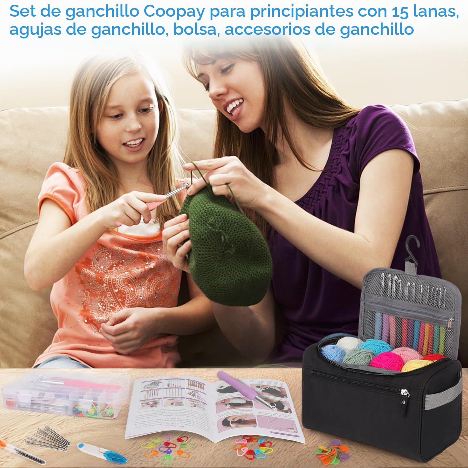 Coopay Set de Agujas de Ganchillo para Principiantes con 15 Lana, Bolsa, Accesorios, 2,0-10 mm, Mango Ergonómico