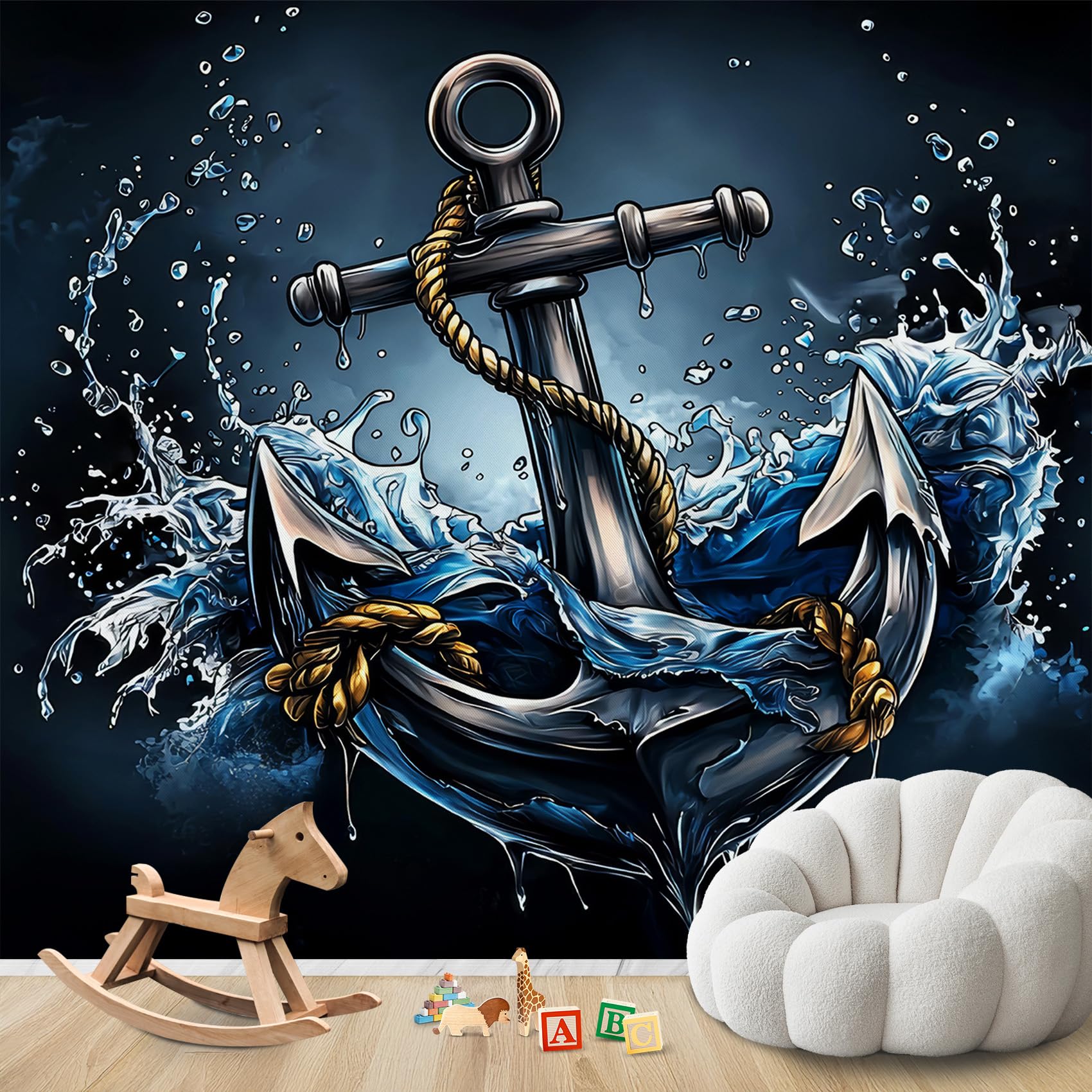 Fototapete Anker Schlafzimmer, 3D Tapete Nautisch, Vliestapete Schwarz Blau, Tapeten Wohnzimmer Muster, Meer Maritime Segeln Wand Deko Kinderzimmer, Wandtapete, Mustertapete 416x254 cm