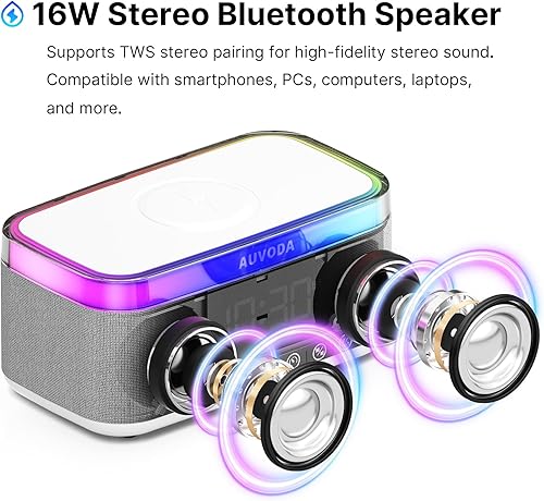 Miniatura 3 de S300 Altavoz Bluetooth portátil estéreo de 16 W con carga inalámbrica rápida de 15 W, luz nocturna regulable de 13 colores, ruido blanco, alarma,