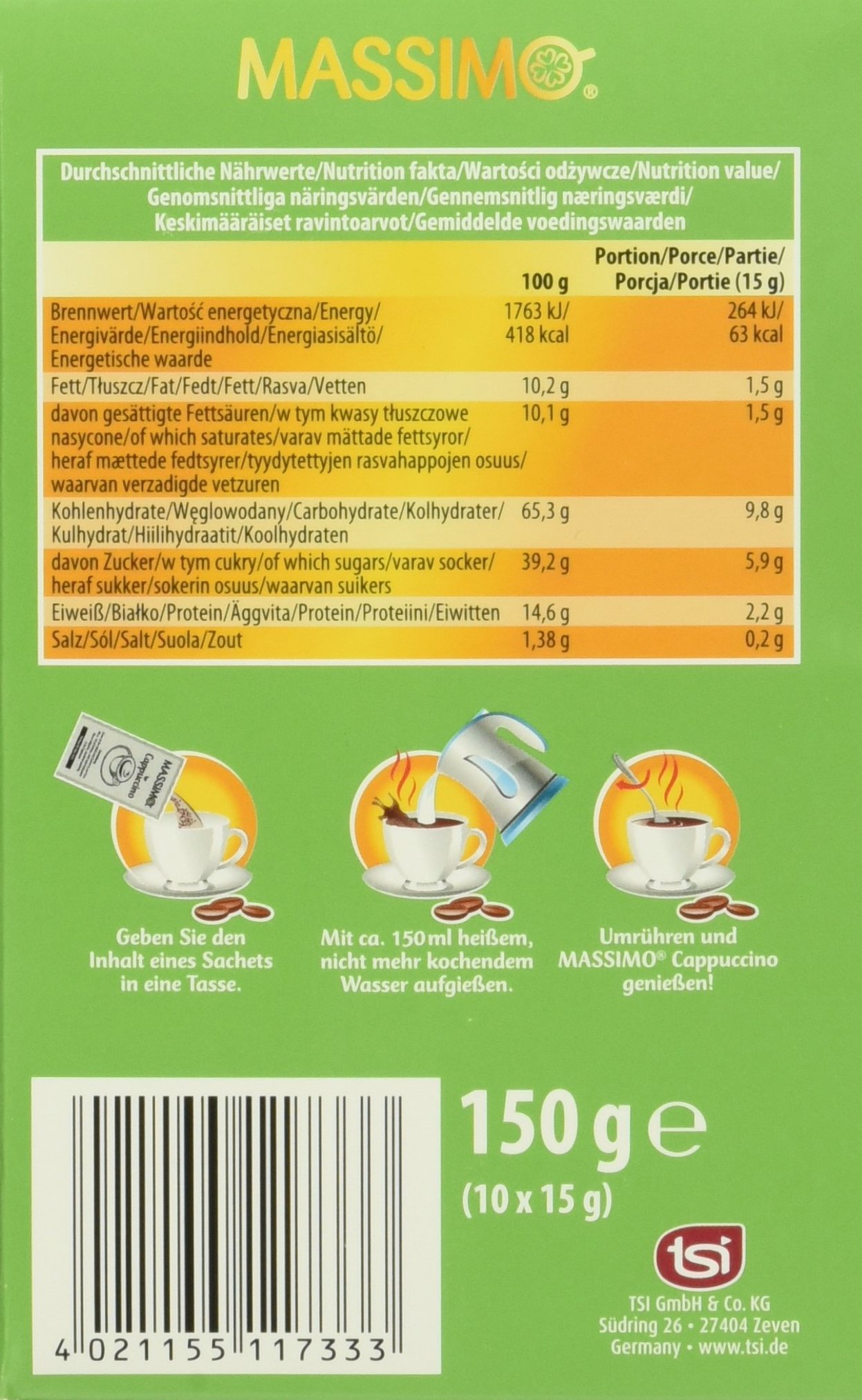 Massimo Cappuccino Weniger Süß (Sachets), 8er Pack (8 x 150 g)