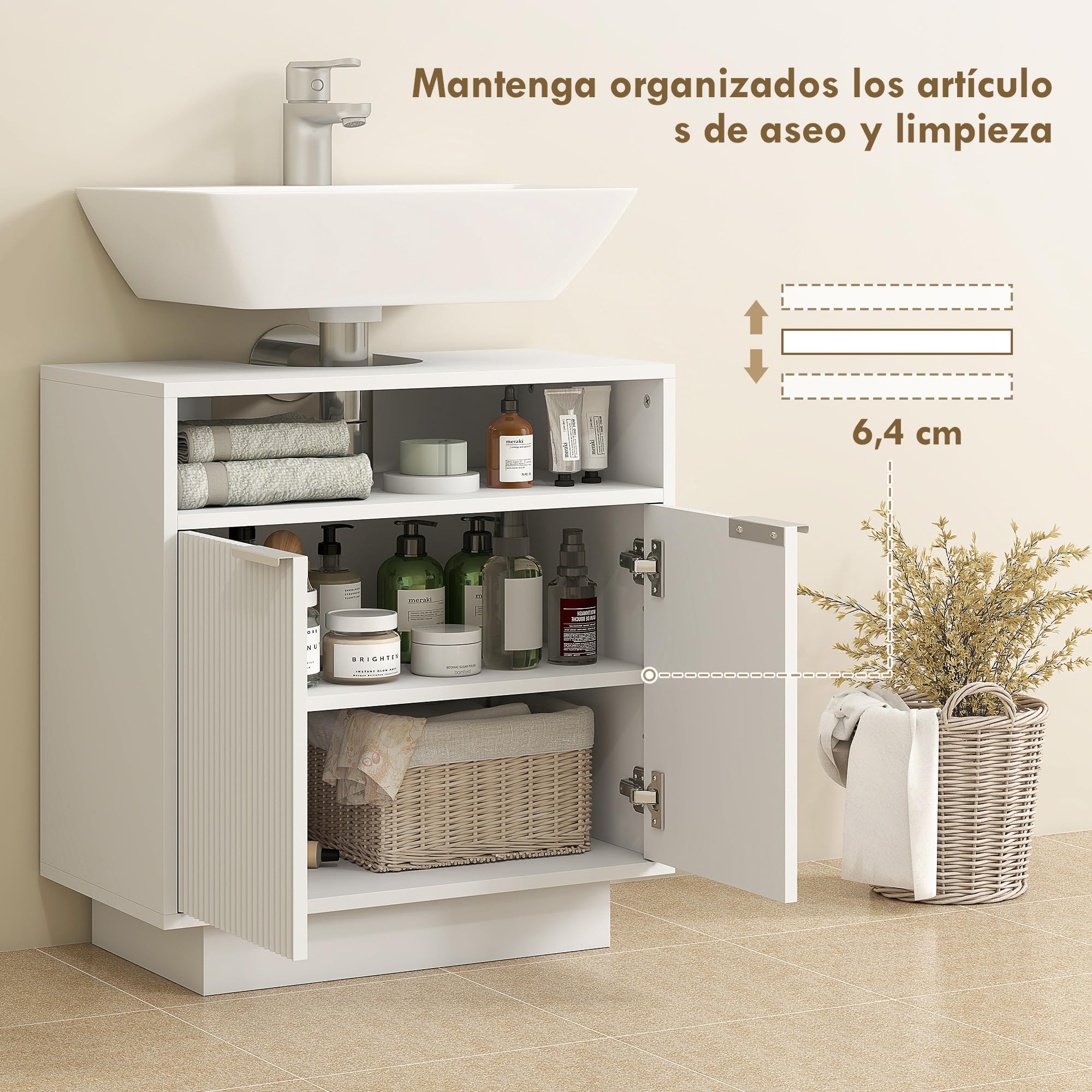 HOMCOM Mueble bajo Lavabo con 2 Puertas Acanaladas 60x33x63 cm Blanco | Mueble de Baño, Compartimento Abierto, Armario de Baño para Lavabo sin Pedestal, Estilo Moderno