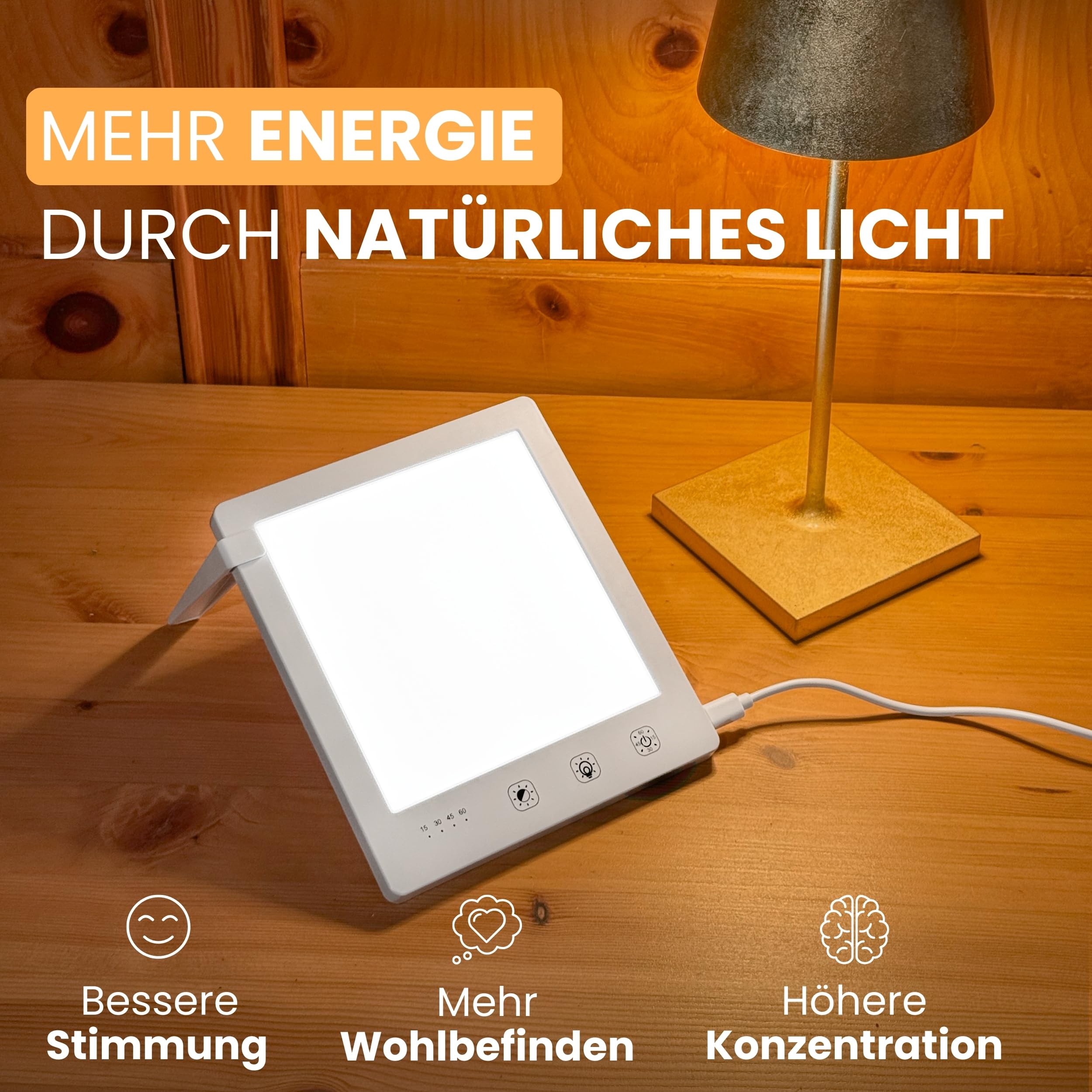 Tageslichtlampe bis 10000 Lux, Lichttherapielampe zur Simulation von Tageslicht, Therapielampe daylight sad lamp, Lichtdusche inkl. Ständer, Tasche & USB-C Kabel