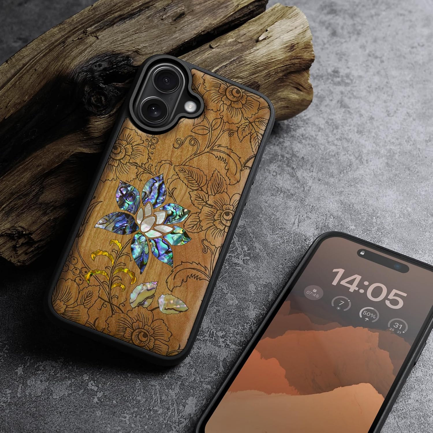 Carveit Magnetic Wooden Case for iPhone 16 Case, Wood Artisan Engraved & Handmade Shell Inlaid, TPU Shockproof Cover, Compatible with MagSafe Wireless Chargers (Flowers and Leaves-Cherry)