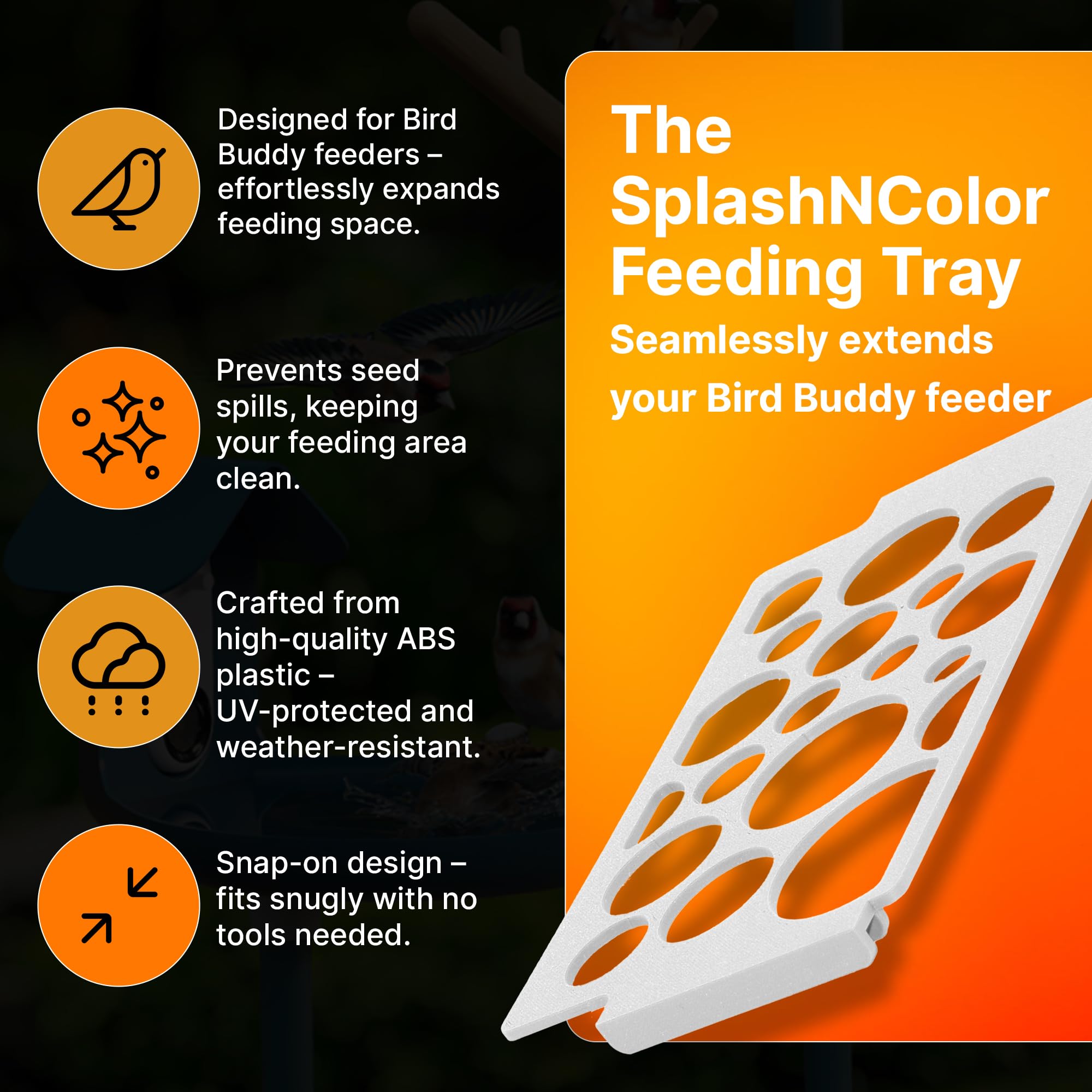 SplashNColor - Bandeja de alimentación compatible con BirdBuddy, percha para pájaros al aire libre para alimentar a múltiples pájaros, accesorios para pájaros, comederos duraderos y resistentes a la