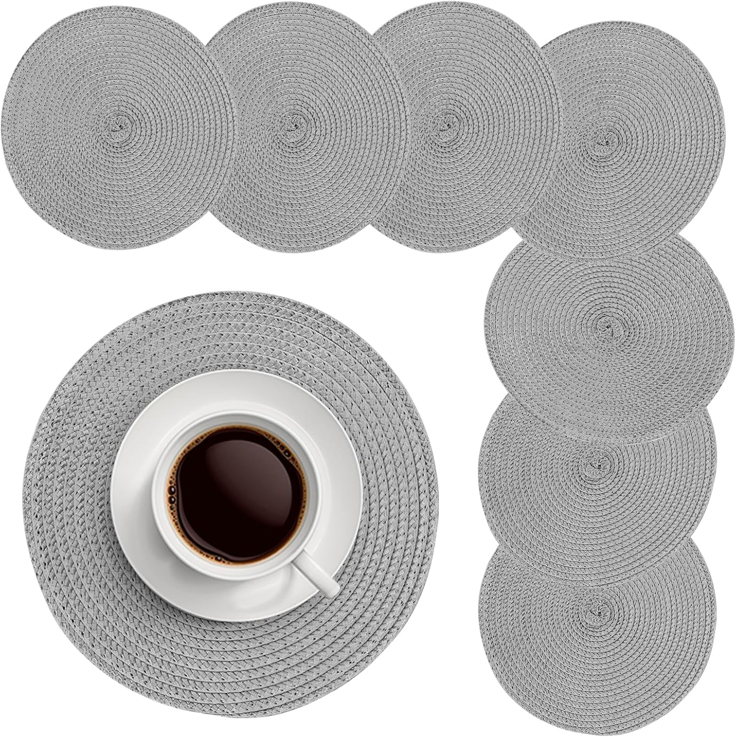 JeogYong Round Braided Placemats Set of 8 Washable Round Table Placemats 15 x 15 Inch Heat-Resistant Table Mats for Dining, Banquet, Wedding, Party Table Decoration (Silver)