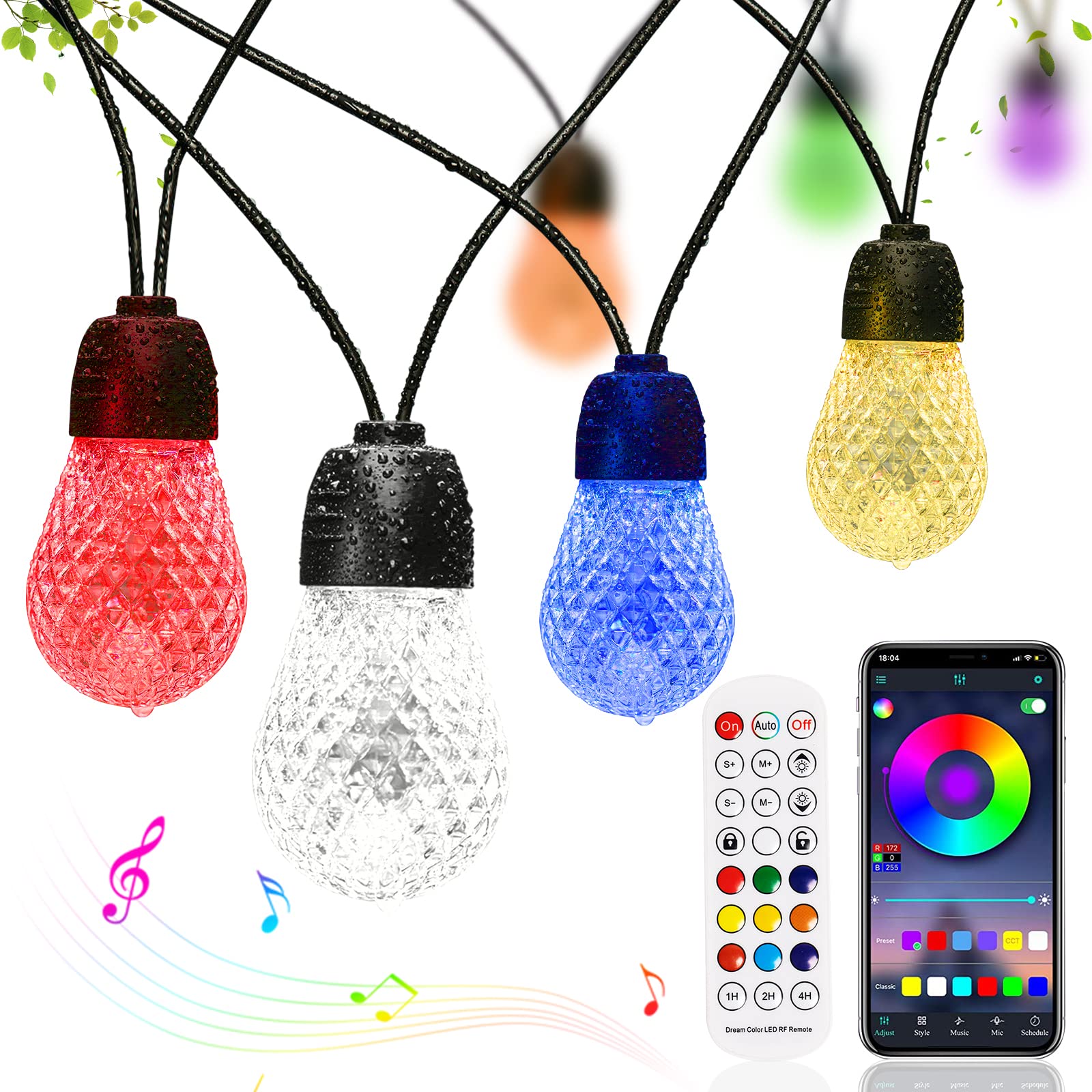 Outdoor String Lights, OuZong RGB White LED Patio Lights String Waterproof Dimmable Timing 49FT Christmas String Lights for Outside Bedroom Backyard Garden Porch Party (Large Bulb)