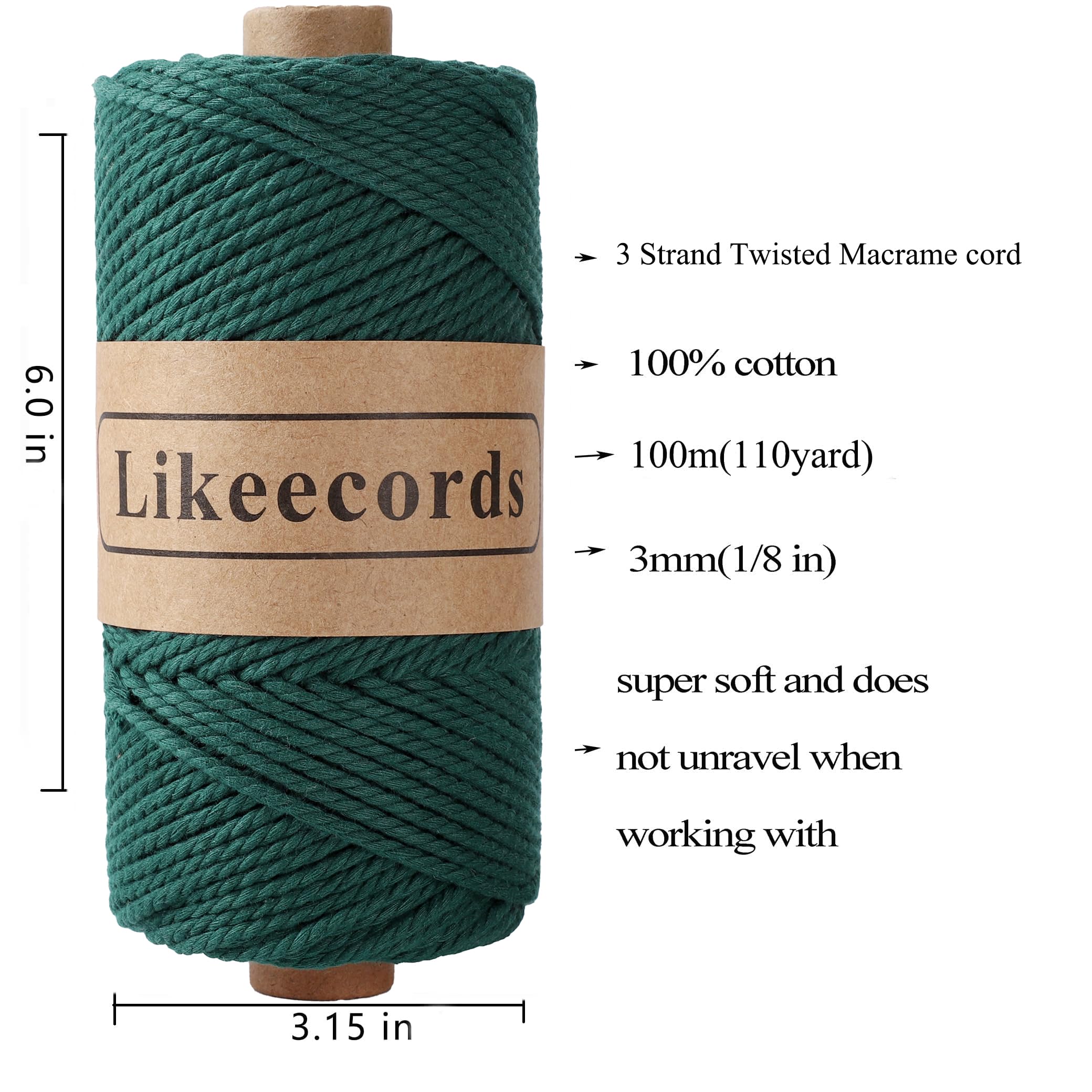 Likeecords Lot de 2 rouleaux de cordon en coton pour macramé, 3 mm x 100 m, 3 brins torsadés, fil pour macramé, fil pour macramé, cordon artisanal, pour tricot, suspension de plantes, décoration de