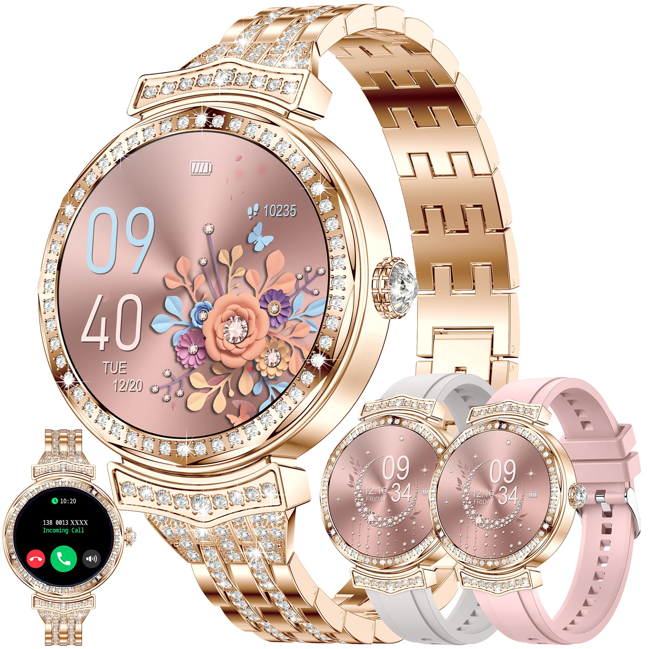 LWEARKD Smartwatch voor dames met bluetooth-oproepen, 1,32 inch AMOLED touch-kleurendisplay, 5 ATM, fitnesshorloge met SpO2 bloeddrukmeting, hartslag, stappenteller, slaapmonitor, fitnesshorloge voor