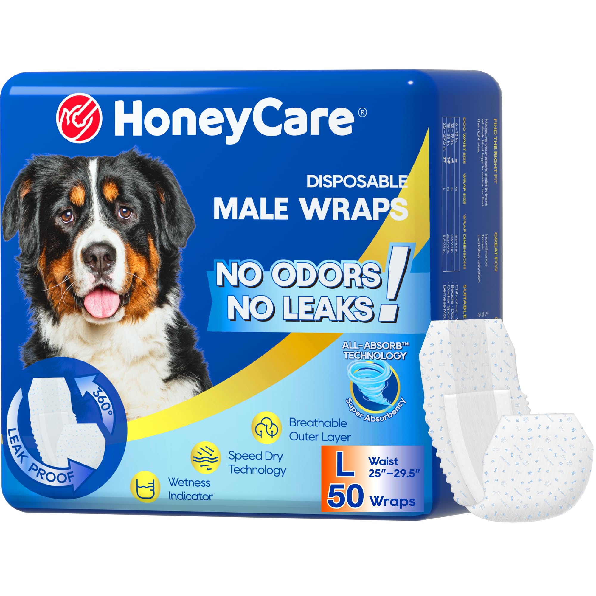 HONEY CARE All-Absorb A24 Male Dog Wrap, 50 Count, Large,Blue and White