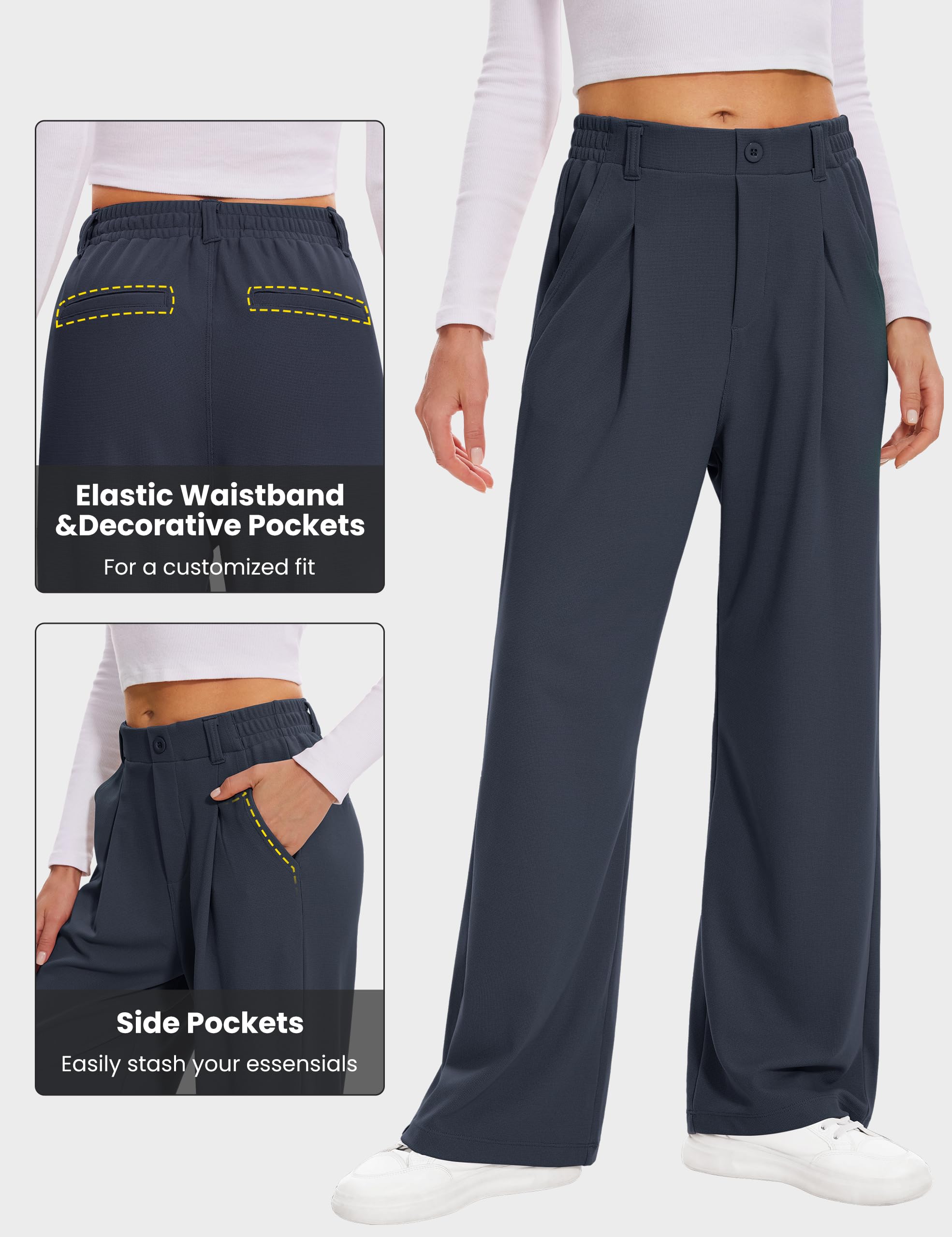 Desol Pantaloni da donna a nido d'ape, lunghi palazzo, eleganti, in tessuto, con tasche, a vita alta, gamba larga