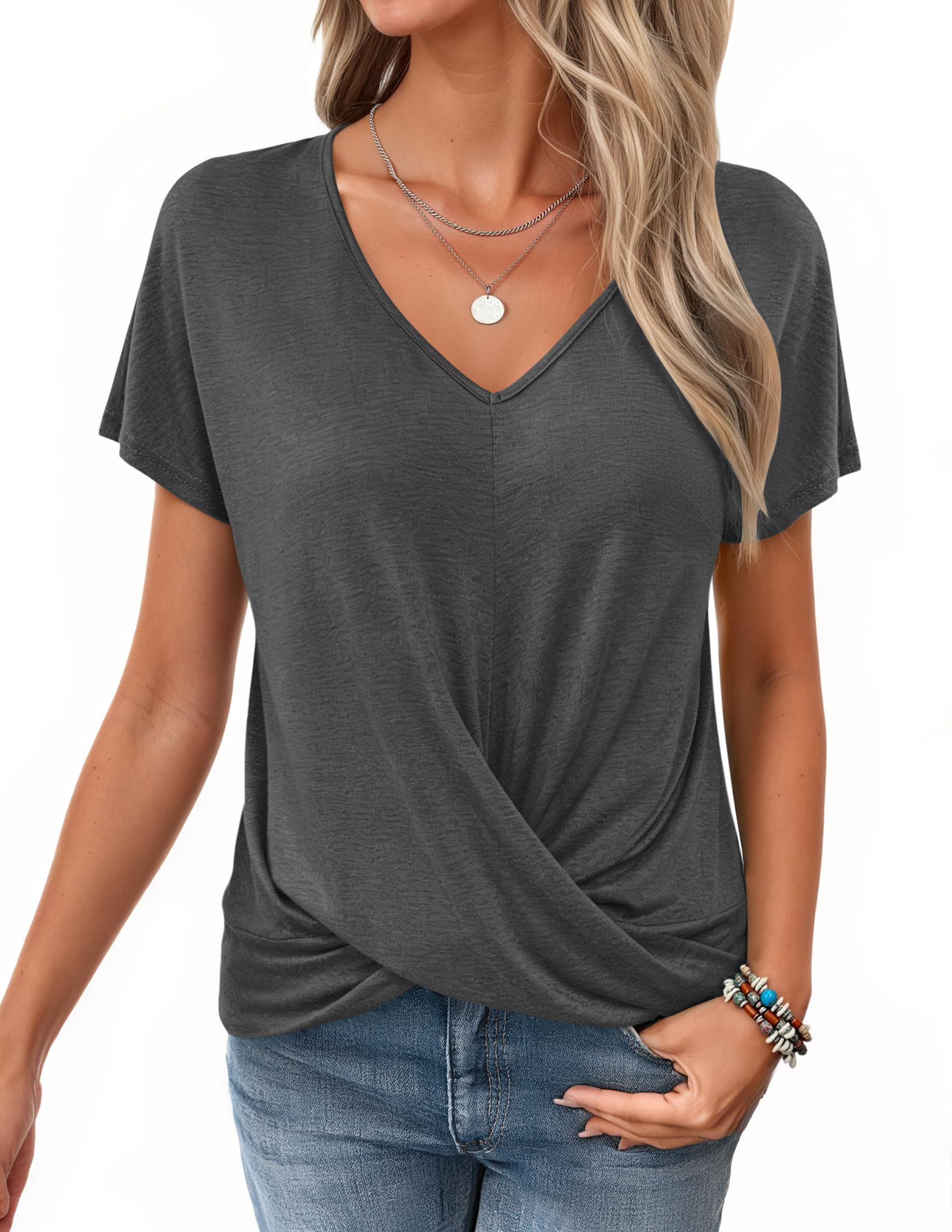 WNEEDU Tshirt Damen Sommer-V Ausschnitt Kurzarm T-Shirt Damen Elegant Twist Front Oberteile Bluse Basic Top lässige