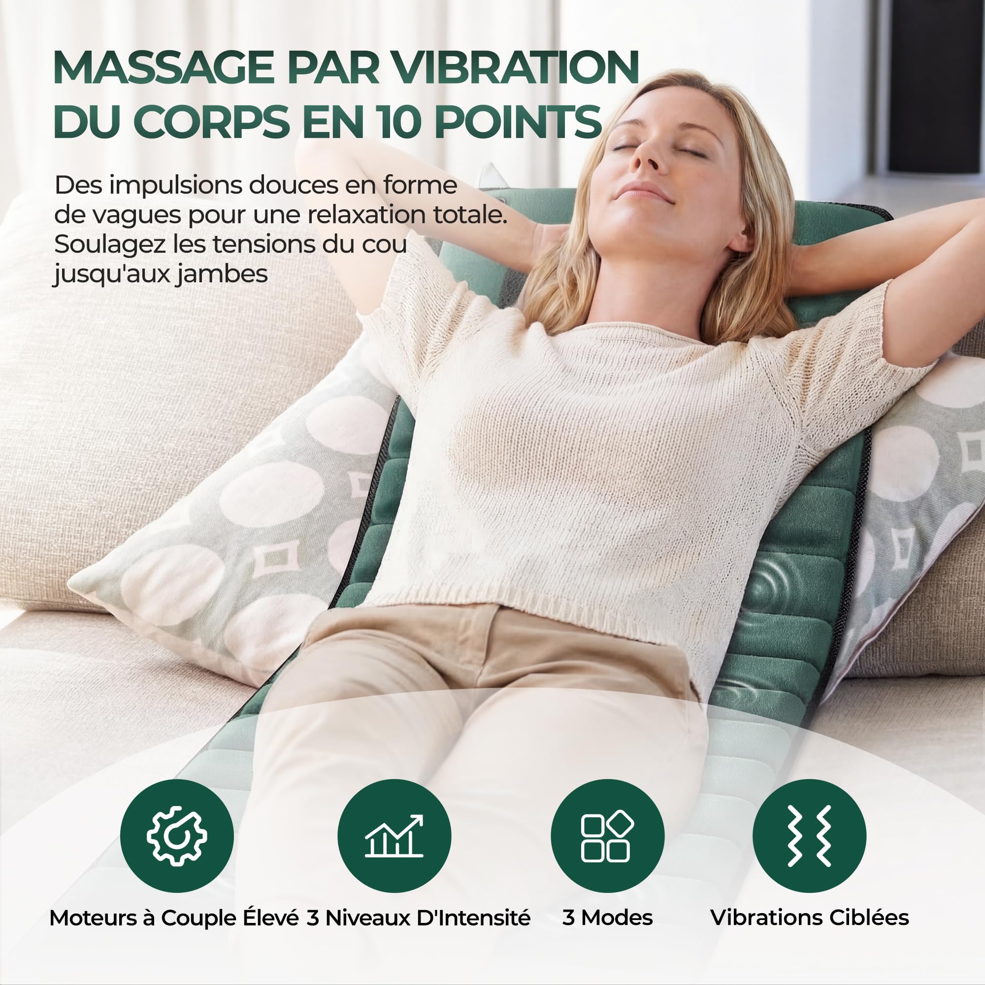 Tapis de Massage Shiatsu 3-en-1 : Masseur Cou Amovible, Matelas de Vibration Corps Entier avec Chaleur et Appareil de Massage des Pieds, Soulagement Dos et Jambes, Pliable, Velours, Vert
