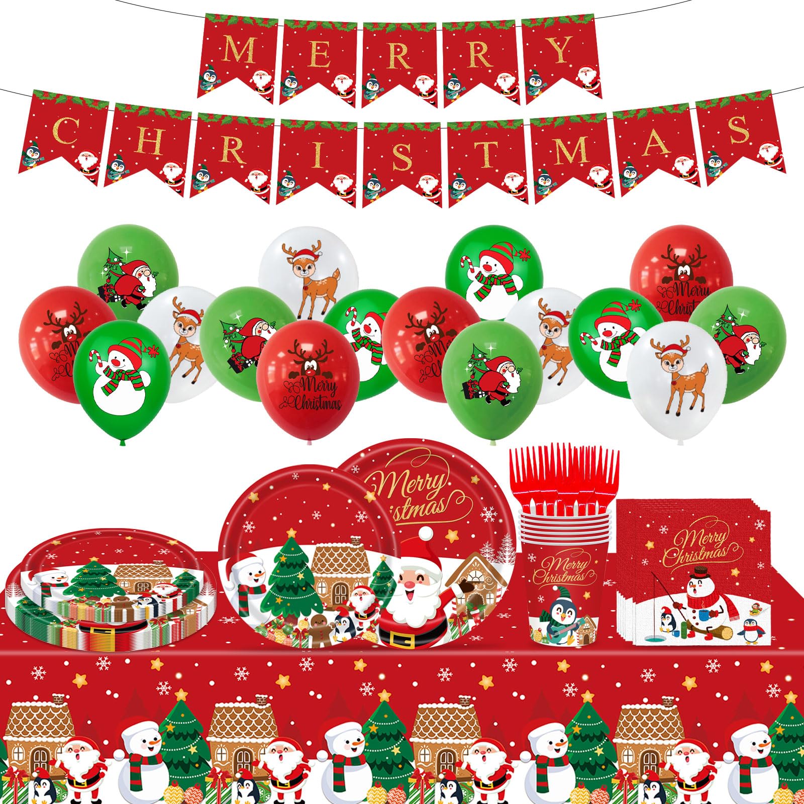 118 Pcs Christmas Party Supplies Dinnerware Set - Banners, Plastic Tablecloth, Snowman Paper Plates, Napkins, Cups, Latex Balloons for Holiday Theme