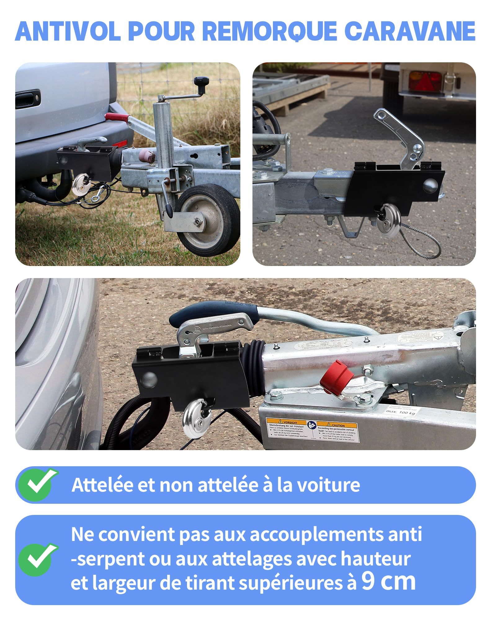 SOSALUK Candado Remolque de Alta Seguridad, Antirrobo Remolque para remolques acoplados y desacoplados, Seguro Caravana con Cepo para Remolque y Protección para Caravanas y Remolques(Negro)