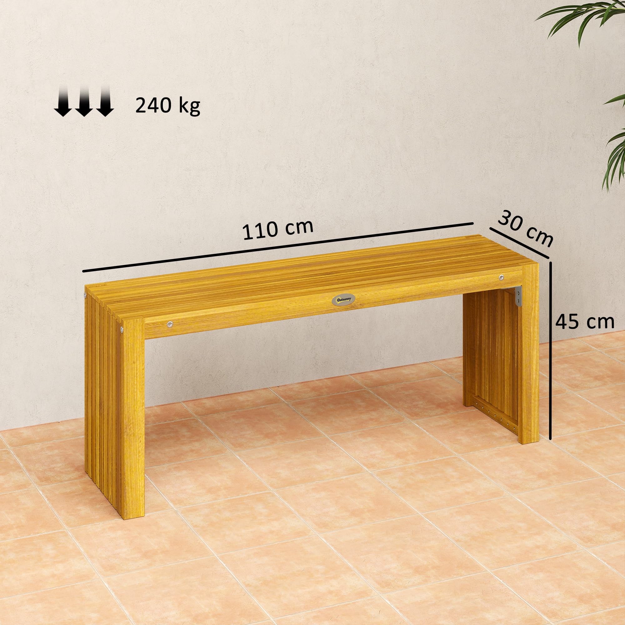 Outsunny Banc de Jardin en Bois d'Acacia, Banc d'Extérieur sans Dossier 2 Places avec Assise à Lattes Effet Bois, Charge 240 kg, 110x30x45cm, Bois Naturel
