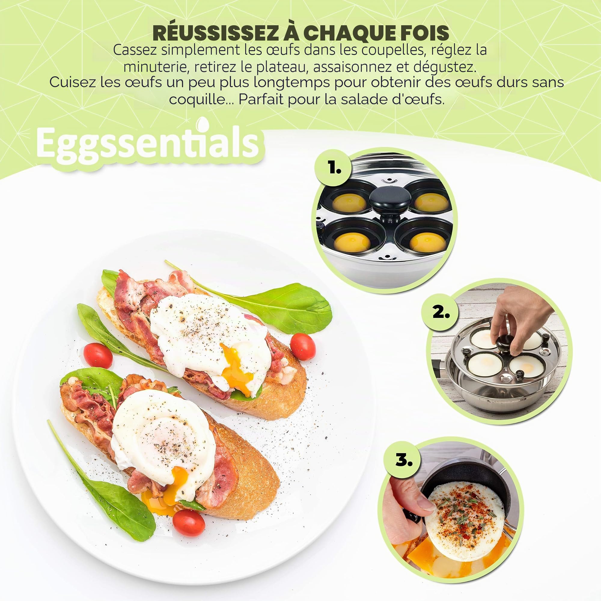 Eggssentials oeufs pochés - 4 tasses antiadhésives pour pocher les œufs - poêle à œufs en acier inoxydable certifiée FDA et qualité alimentaire PFOA avec spatule gratuite