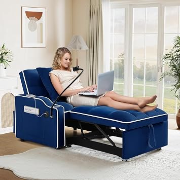 Convertible Sleeper Chair Sofa Bed,3 in 1 Velvet Tufted Pull Out Couch with Phone Holder & USB Ports,Futon Small Couch Bed with Cup Holders & Adjustable Backrest for Living Room,Small PlaceBlue