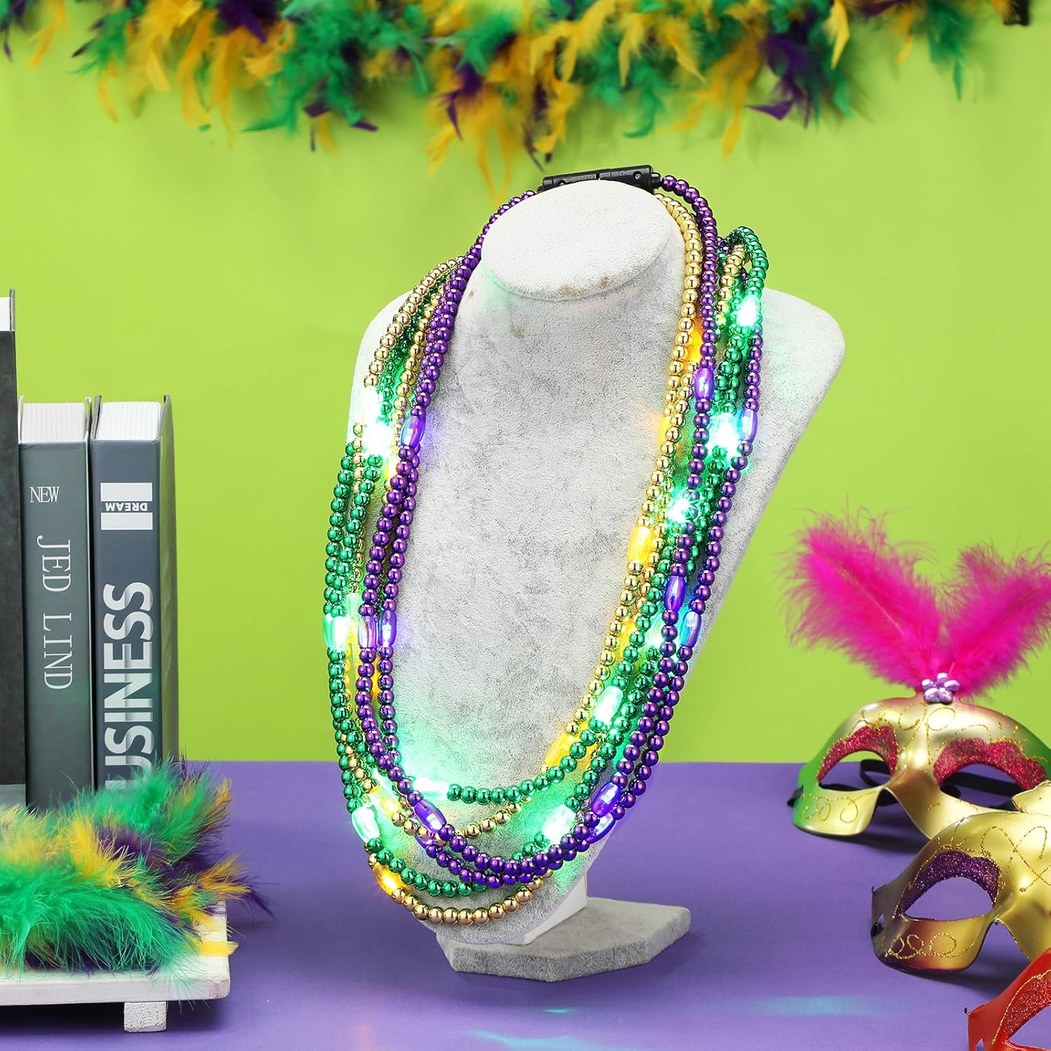 12 Pcs LED Mardi Gras Beads Necklace Colorful Light up Bead Mardi Gras Glow Necklace Costumes Accessories for Carnival Birthdays Party Favors Supplies