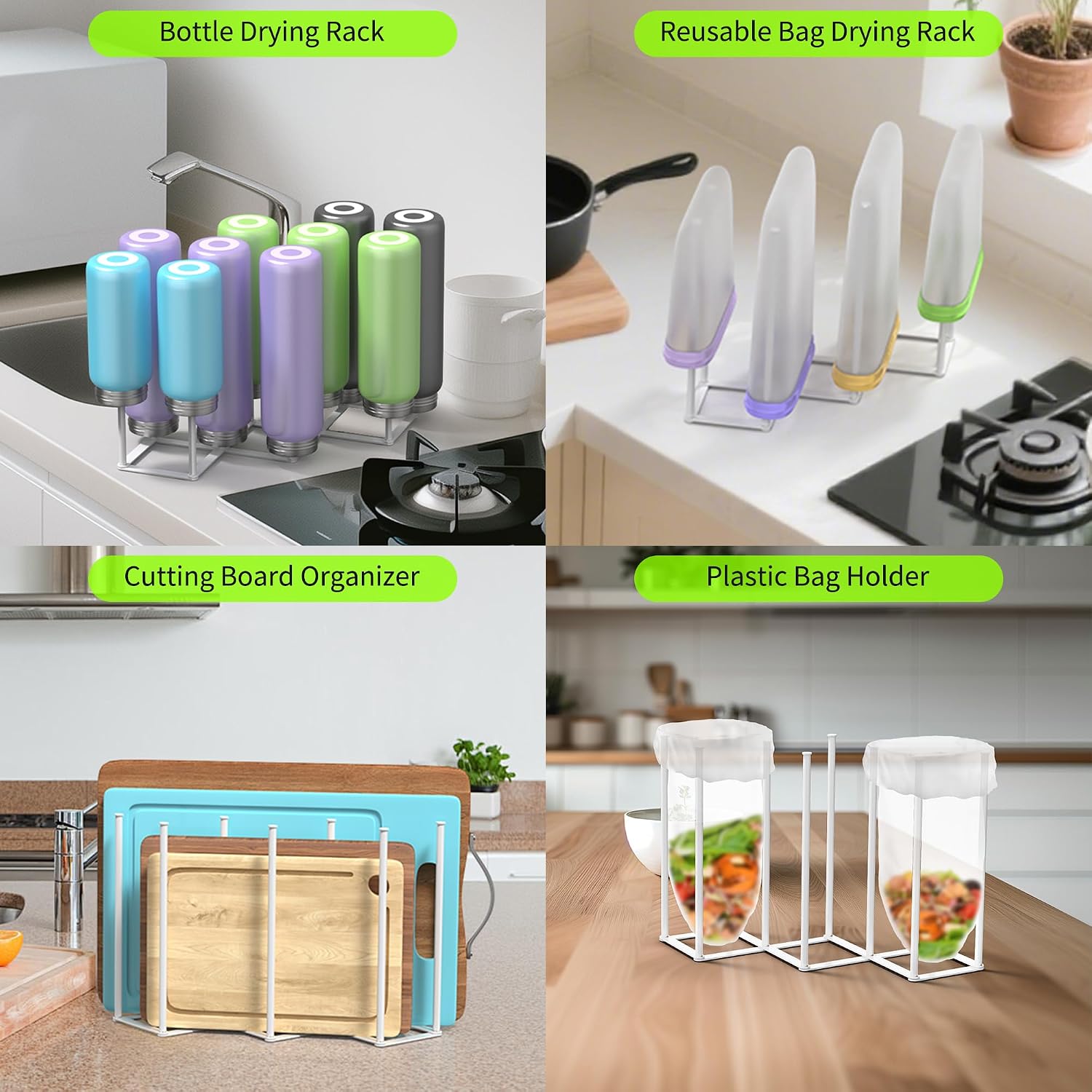 Collapsible Bottle Drying Rack, Foldable Baby Bottle Drying Rack, Portable Drainer Stand Holder for Water Bottles, Cup, Reusable Silicone Bag, Cutting Board (White)