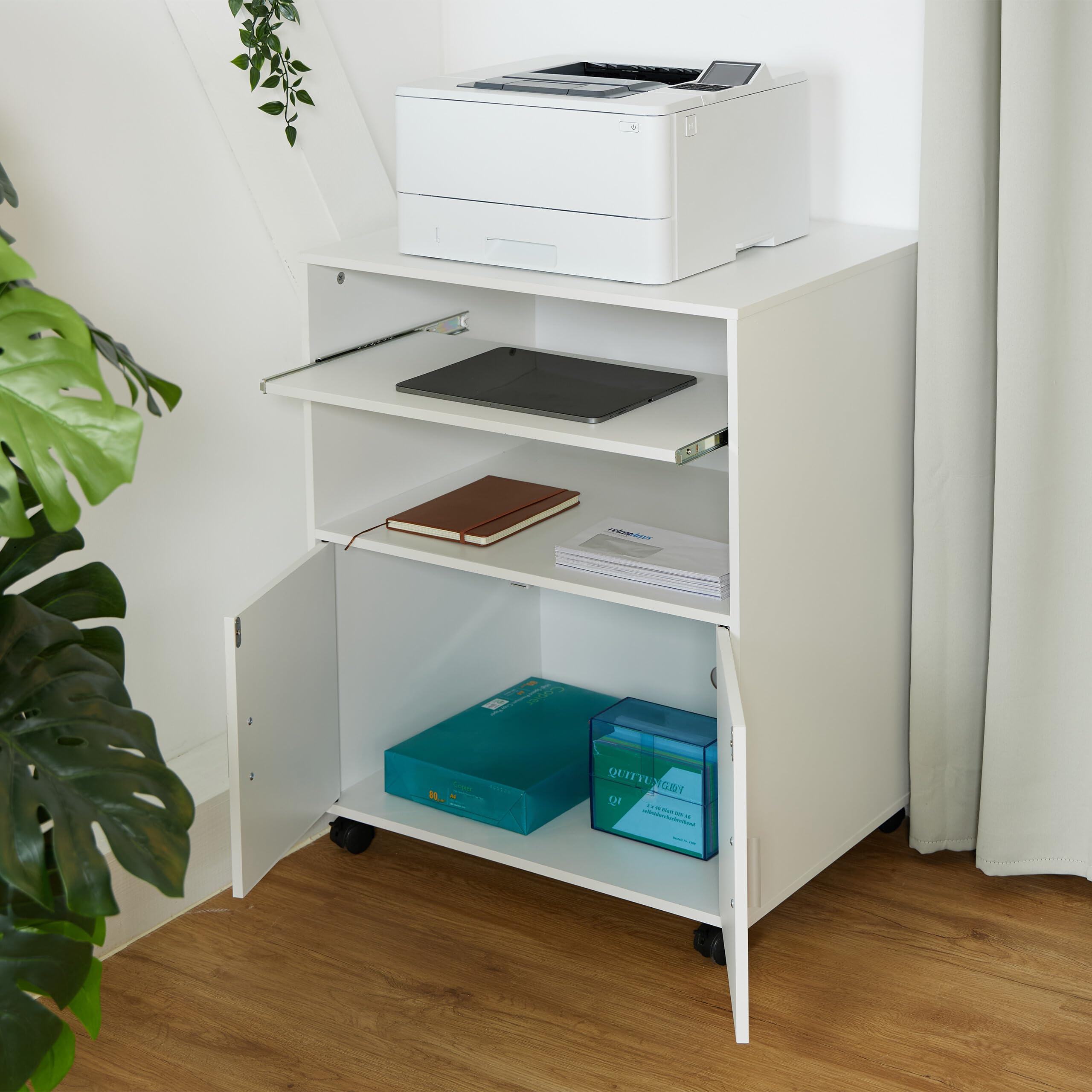 Relaxdays Carrello Porta Stampante, 2 Scomparti e Ripiano Estraibile Tastiera, Mobiletto Ufficio, 74x60x48 cm, Bianco