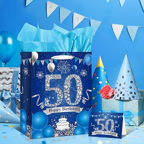 Miniatura 3 de Bolsa de regalo de cumpleaños de 40 años, color azul marino y plateado, bolsa de regalo de 40 cumpleaños con papel de seda y tarjeta, bolsa azul