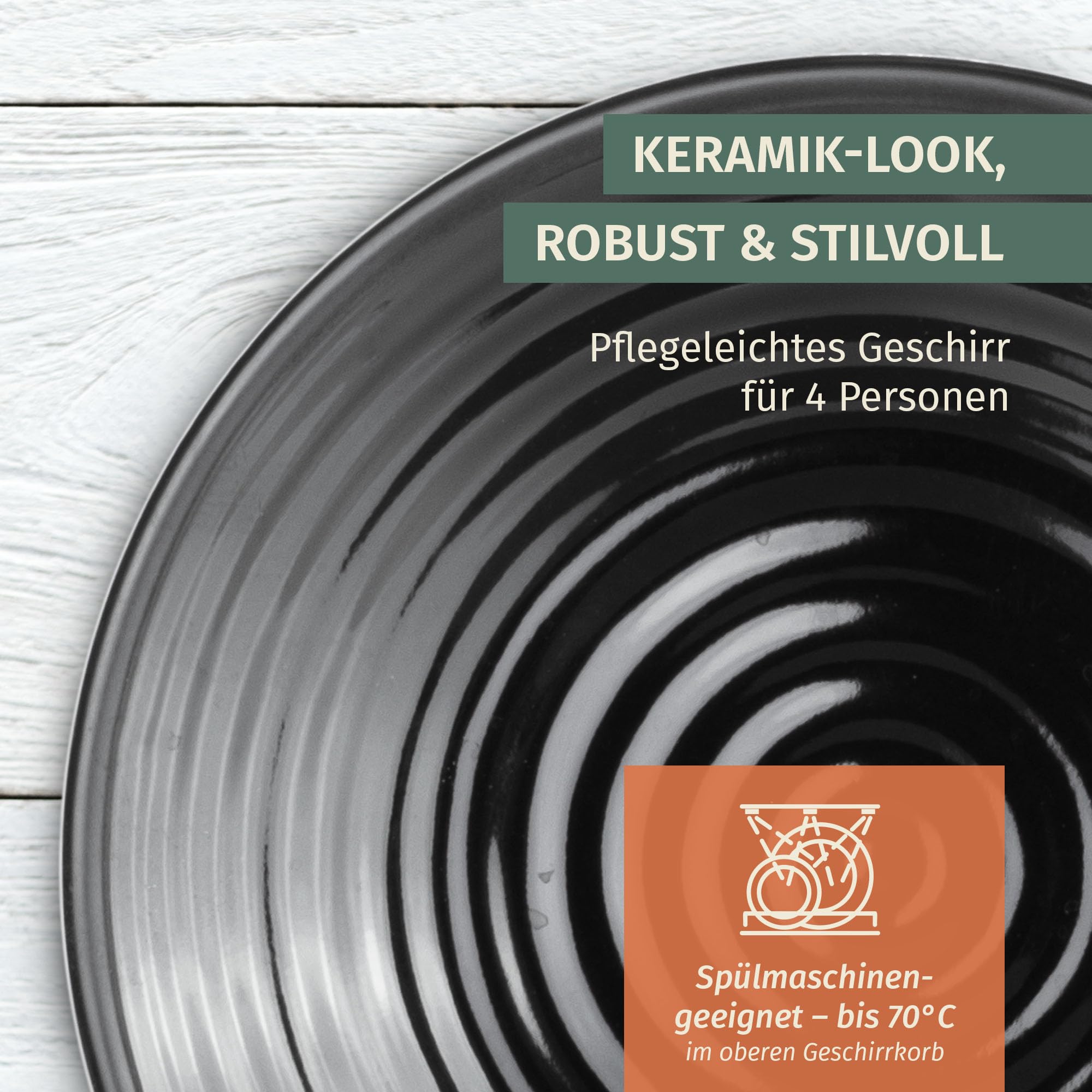 Moritz 12-częściowy zestaw naczyń kempingowych z melaminy dla 4 osób | nadaje się do mycia w zmywarce | piknikowy zestaw naczyń | naczynia kempingowe I Stone Dark Black Design