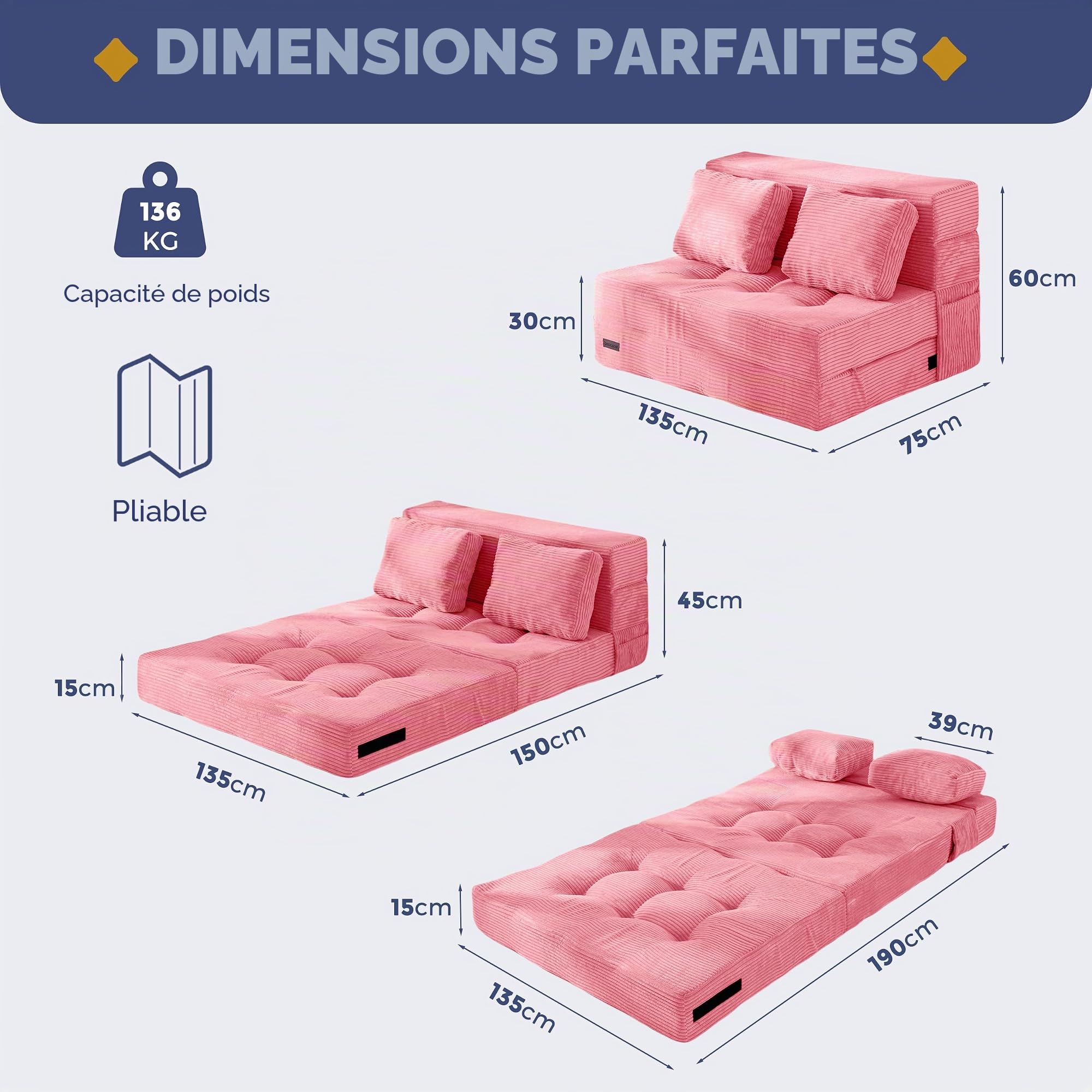 MAXYOYO Canapé-lit avec Matelas Pliant Confortable en 4 Parties de 15 cm d'épaisseur et 1 Coussin, canapé Pliant avec Fonction de Sommeil, Matelas d'invités Pliable