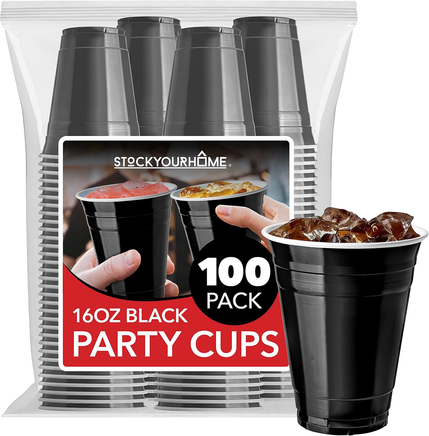 Stock Your Home Black Plastic Cups Disposable, 16oz (100