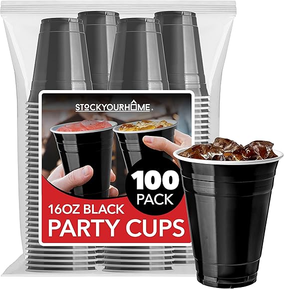 Stock Your Home Black Plastic Cups Disposable, 16oz (100 Count) HeavyDuty, Large