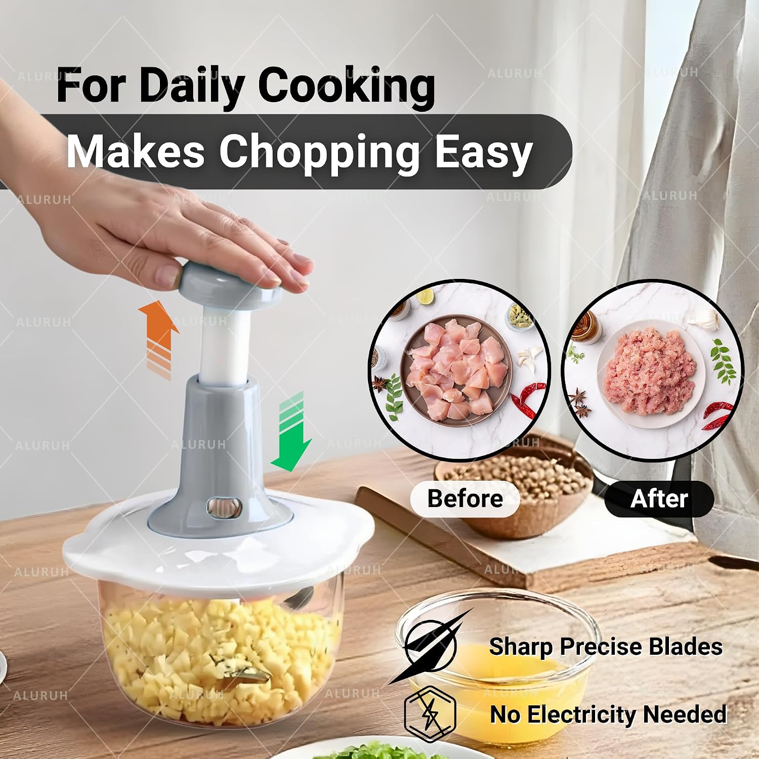 Manual Food Chopper with Hand Pull Rope Design, Stainless Steel Blade (1.5L WHITE)