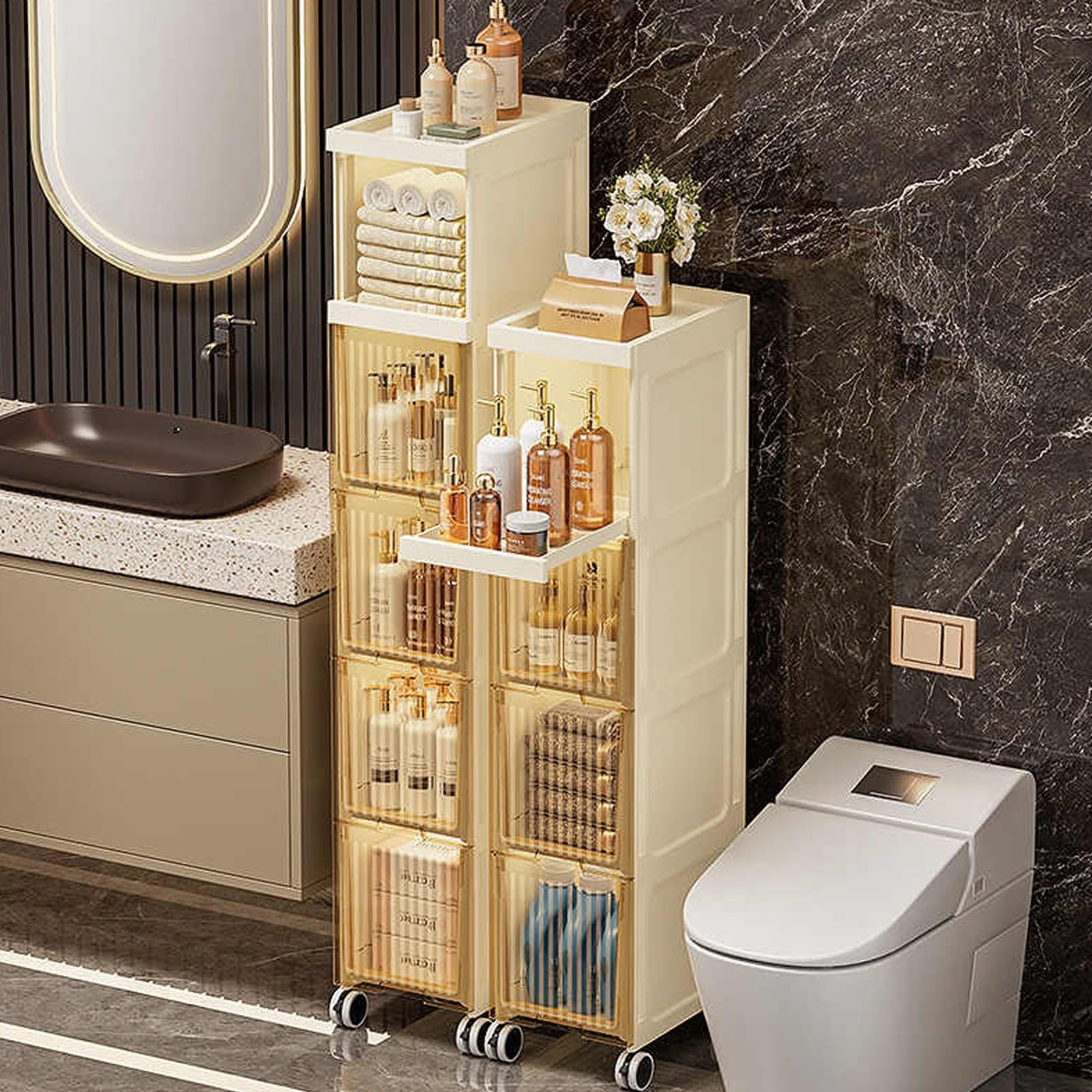 Gabinete de Almacenamiento Estrecho para baño con cajones, Carrito Organizador Impermeable con Ruedas para Espacios pequeños, Cocina y lavandería.