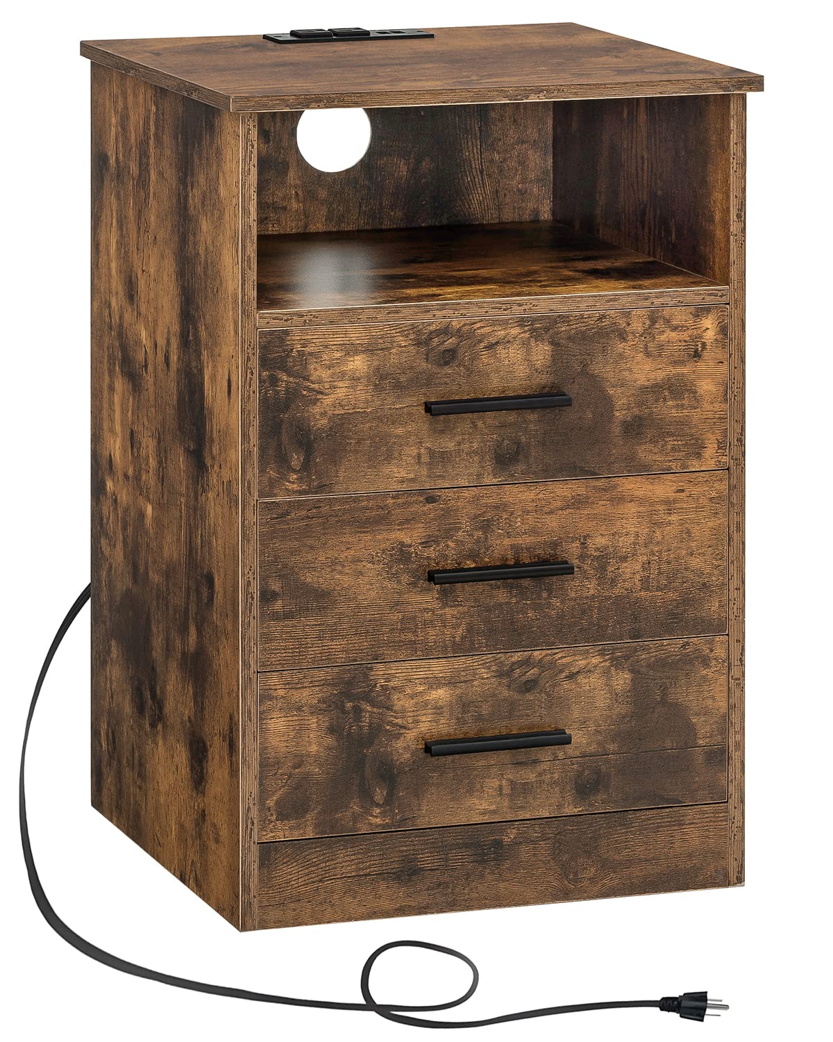 WEENFON Nightstands, Night Stand with Charging Station, Bedside Tables, End Table with 3 Drawers, Open Space, Large Storage, Rustic Brown