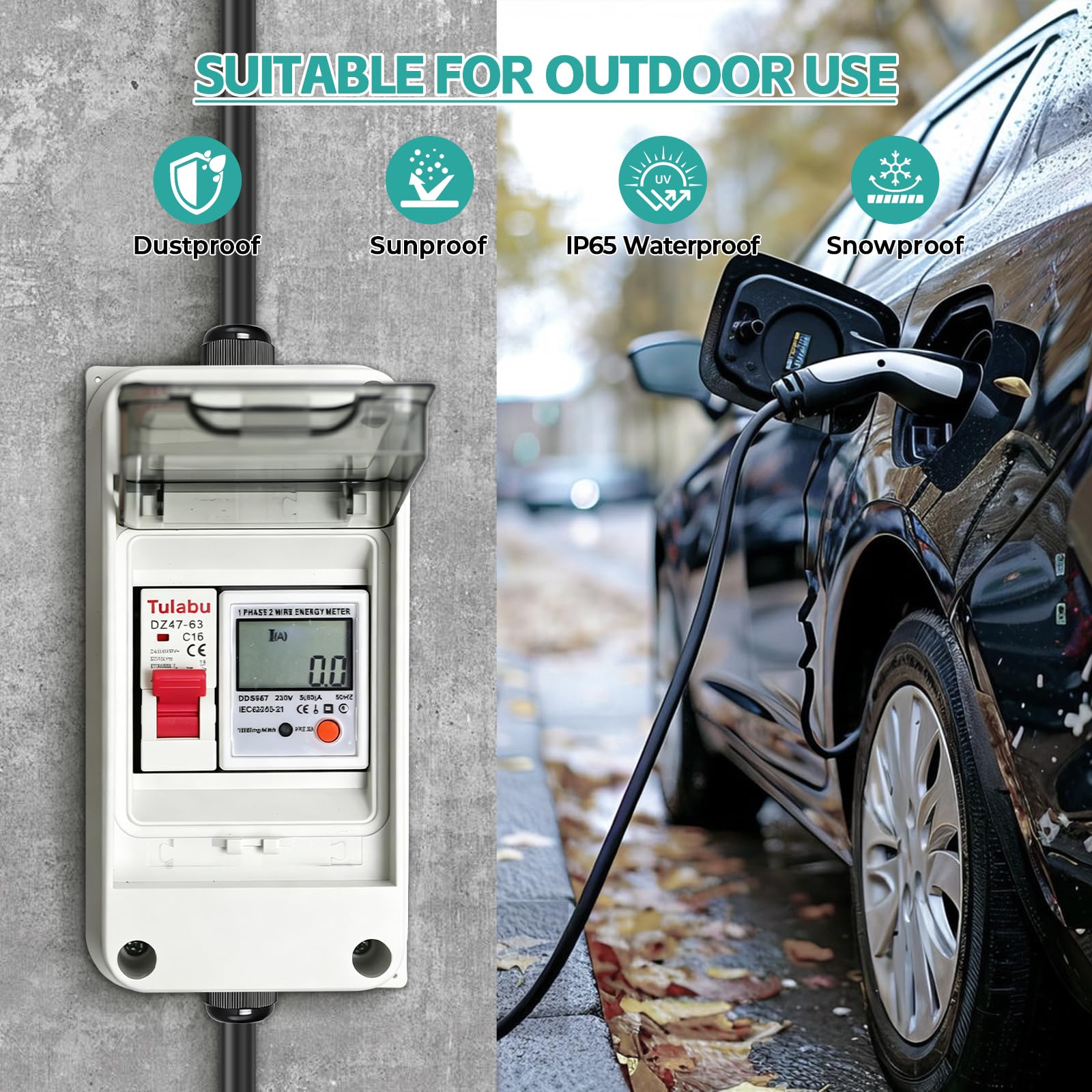 Mobiler Digitaler Stromzähler 80A 230V, Outdoor Mobiles Messgerät mit IP65 Wasserdichtung 16A LS-Schalter Speicher und Reset Funktion, Tragbar Stromzähler für Wohnmobile und Elektrofahrzeuge