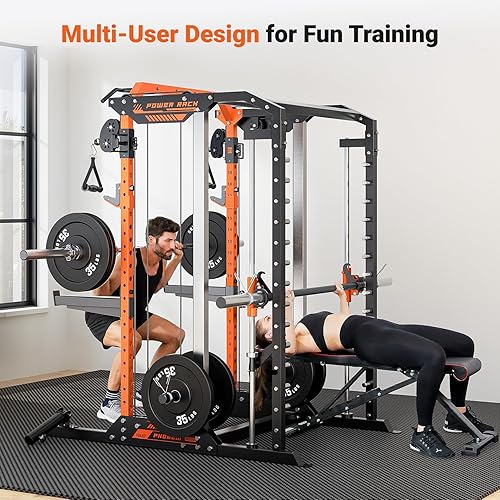 Miniatura 6 de YOLEO Smith Machine & Squat Rack Combo, Multi-Functional Power Racks with Adjustable Width & Pull-Up Bar, Cable Crossover Power Cage, Independent