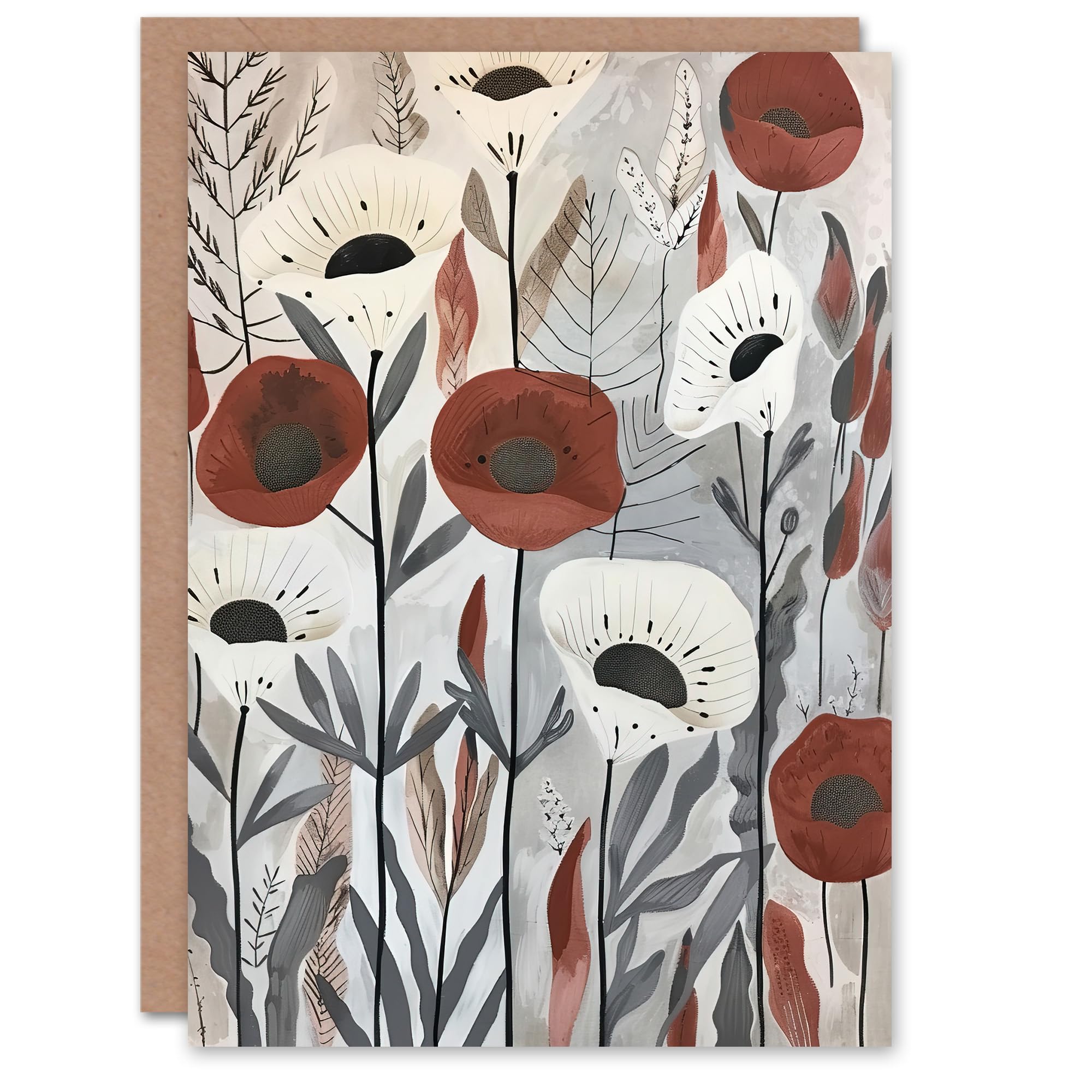 Artery8 Greeting Card Red White Poppy Flower Field Floral Watercolour For Her Woman Birthday Card
