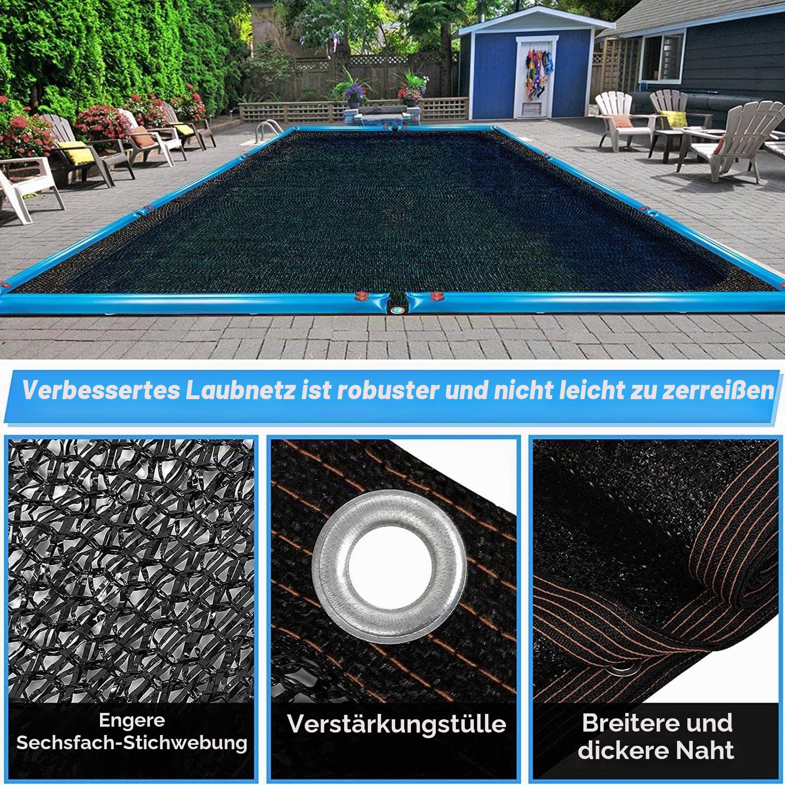 Schwimmbad-Schutznetz für rechteckige Schwimmbäder, 5 x 10 m, winterfeste Poolabdeckung, Schutzplane für EIN- und oberirdische Pools, aus Polyethylen, widerstandsfähig, feinmaschig