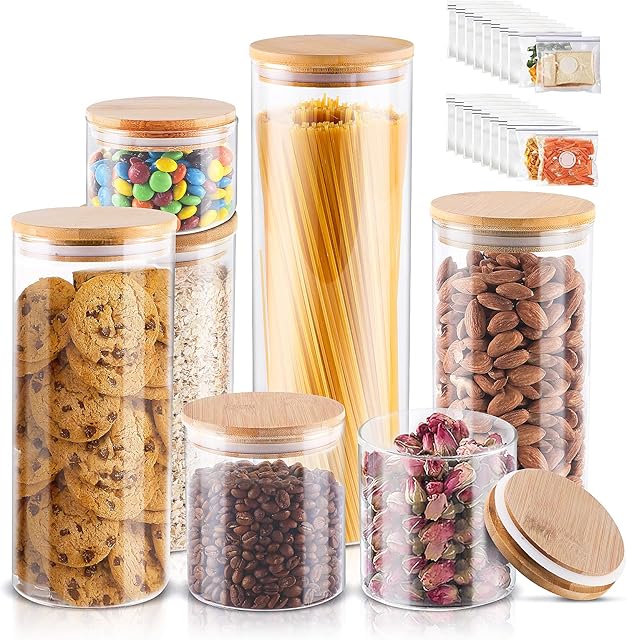 Myiosus Glass Storage Jars with Lids Set of 7, Airtight Glass Canister with Bamboo Lid, Clear Food Storage Container Jar for Kitchen Canning Cereal, Pasta, Cookie, Coffee, Spice