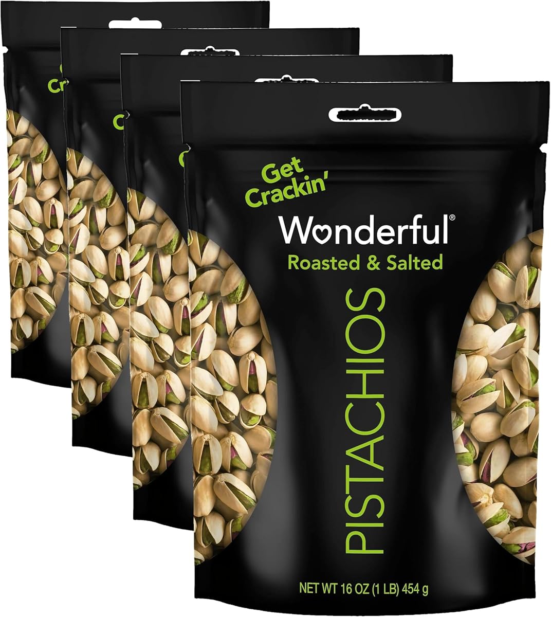 Wonderful Pistachios In Shell, Roasted and Salted Nuts, 16 Ounce Resealable Bag, Healthy Snack, Protein Snack, Pantry Staple (Pack of 4)